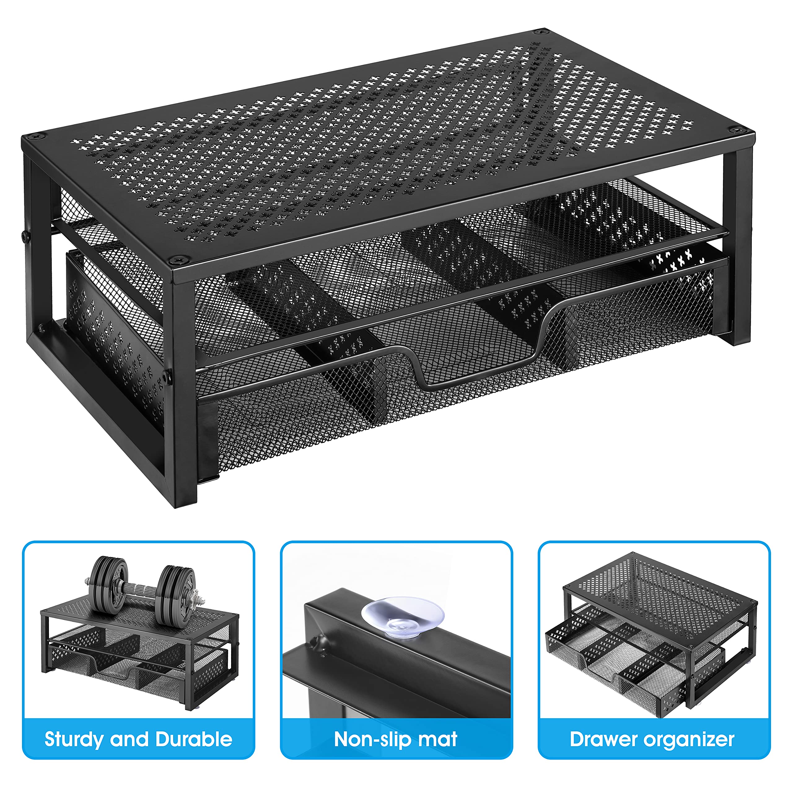 Simple Trending Metal Monitor Stand Riser with Drawer - Black Computer Desk Organizer for Laptop, iMac, and PC - Perfect for Home Office and Gaming Setup