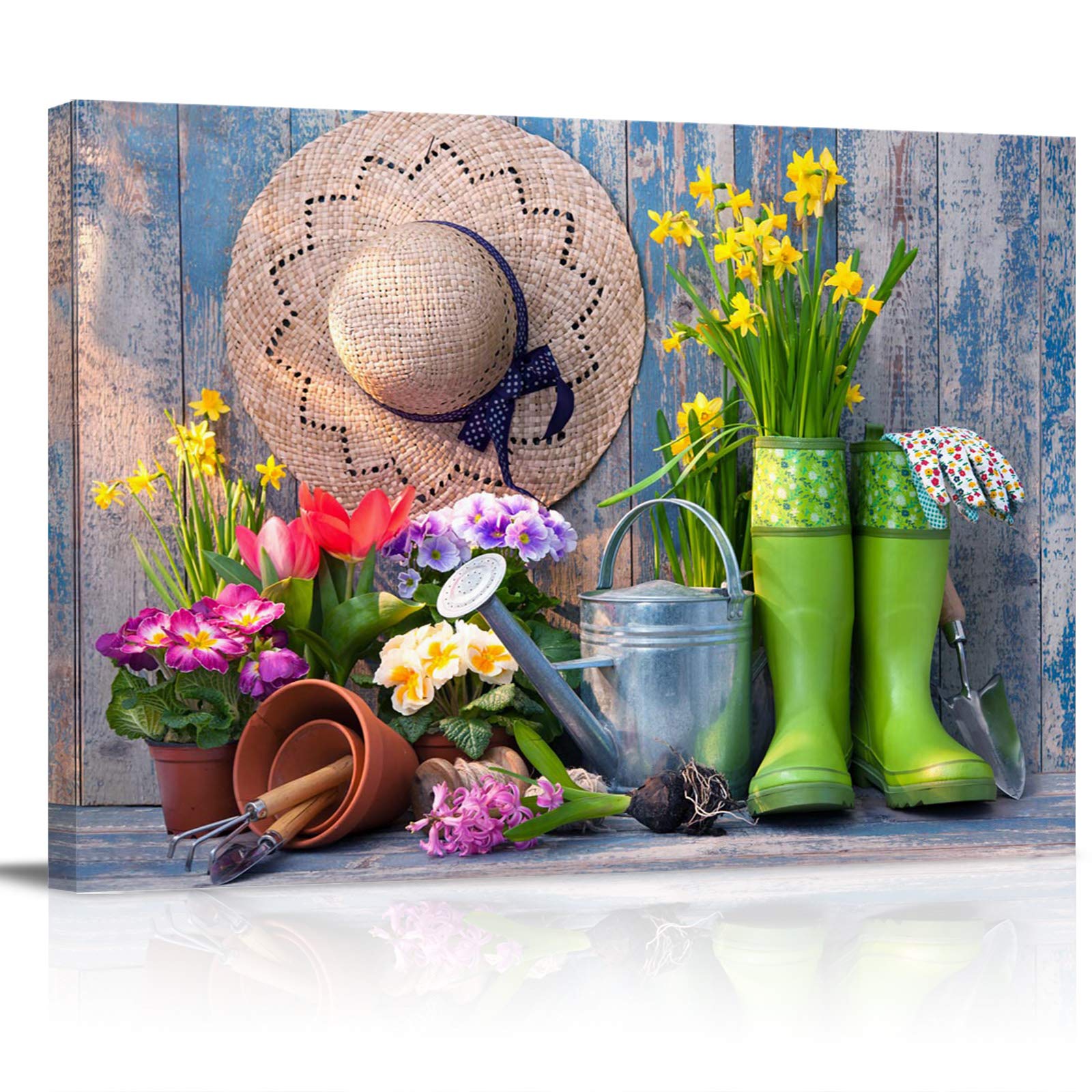COLORSUM Stretched and Framed Canvas Wall Art - 36''x24'' Gardening Tools & Fresh Flowers Watering Can Rain Boots Print - Ready to Hang for Kitchen, Bedroom, Living Room Decor | Perfect for Farmhouse, Cottage & Garden Theme Interior Design