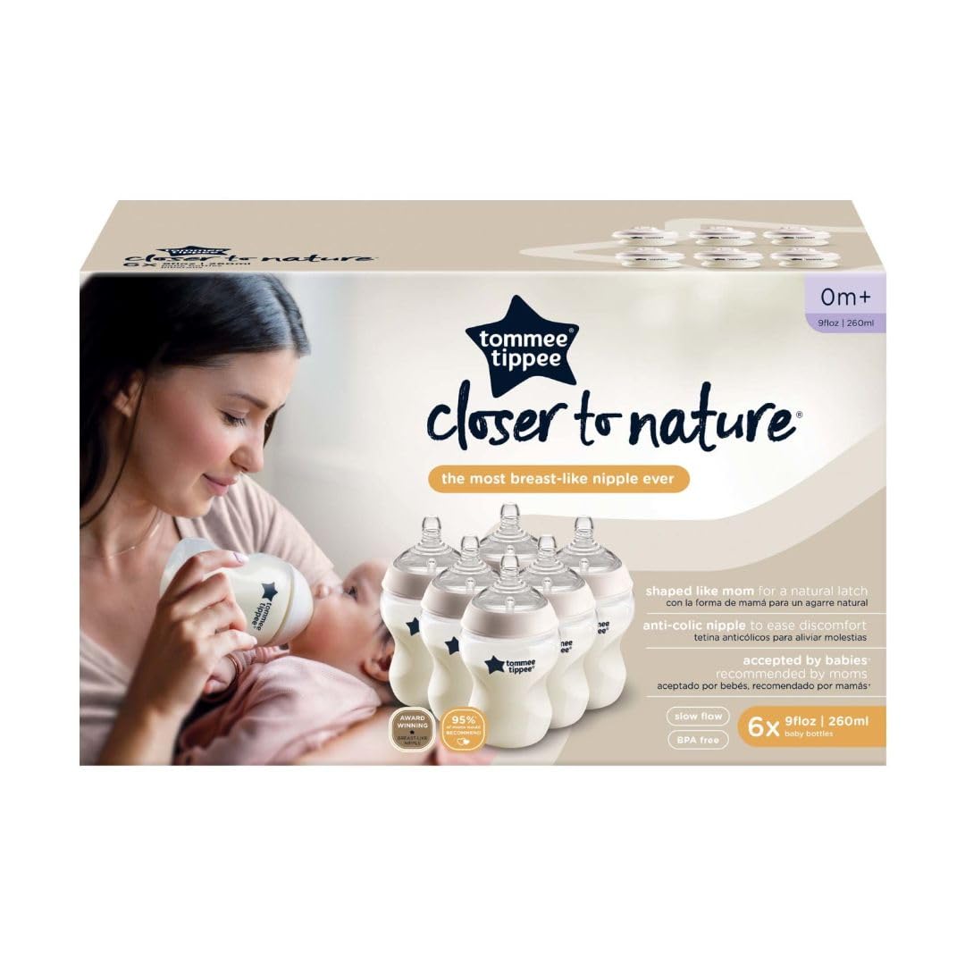 Tommee Tippee Closer to Nature Baby Bottles - 6 Pack (9oz) with Slow Flow Breast-Like Nipple & Anti-Colic Valve | Perfect for Newborns & Breastfed Babies | BPA-Free, Easy to Clean for Daycare & Travel Use
