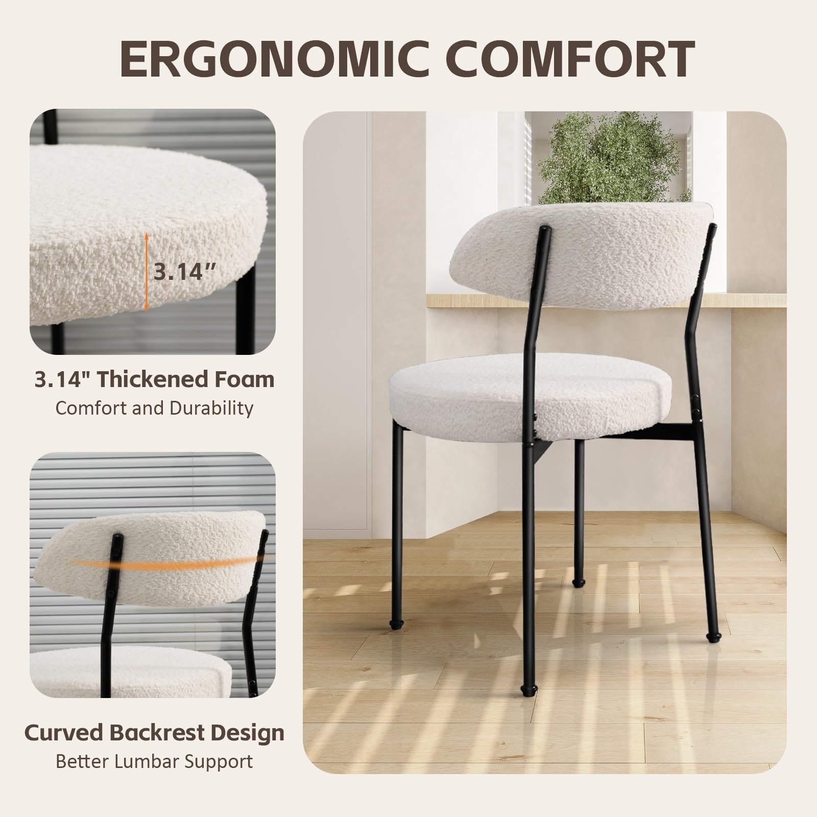 SoarFlash Mid Century Modern Dining Chairs Set of 4 - Beige Boucle Upholstered Kitchen Chairs with Curved Backrest & Black Metal Legs for Dining Room, Kitchen, Breakfast Nook & Home Decor