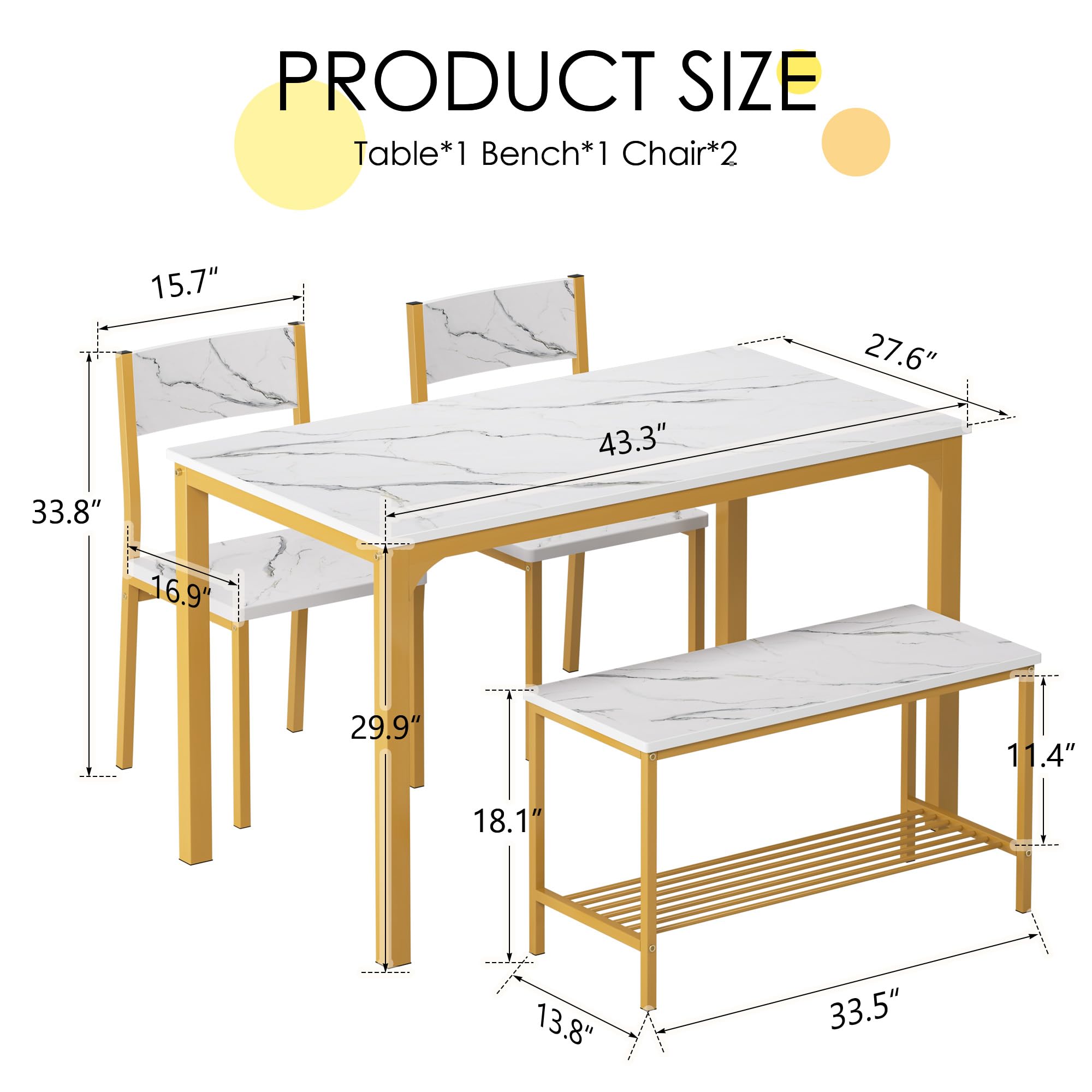 SogesPower 4-Person Dining Table Set with 2 Chairs & 1 Bench - Golden Kitchen Table for Small Spaces, Restaurants & Home Dining Rooms | Perfect for Breakfast Nooks, Apartment Living & Compact Kitchen Areas