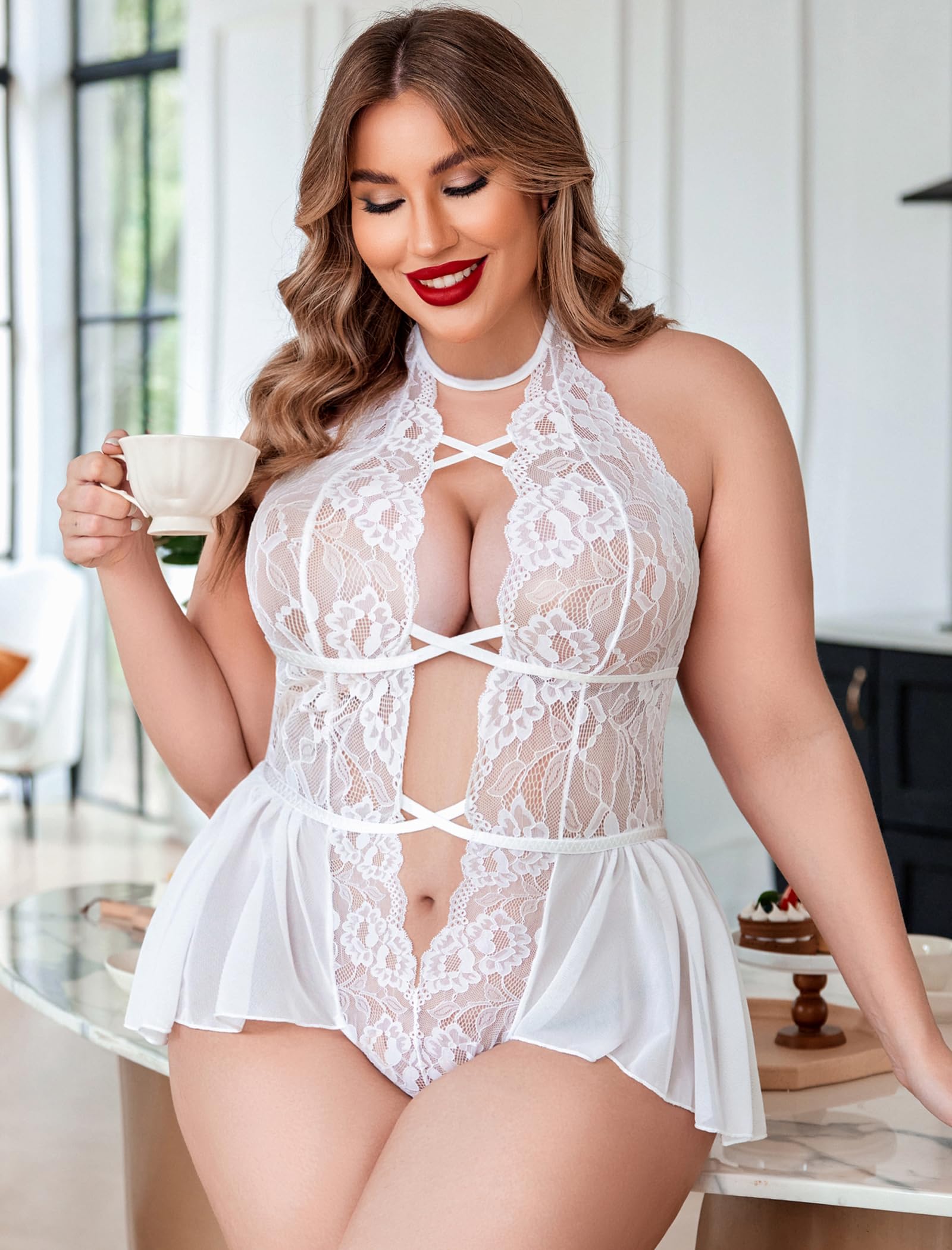**Avidlove Women's Plus Size Lace Bodysuit Teddy - Deep V Neck Lingerie One Piece Babydoll for Date Night & Boudoir Photography**