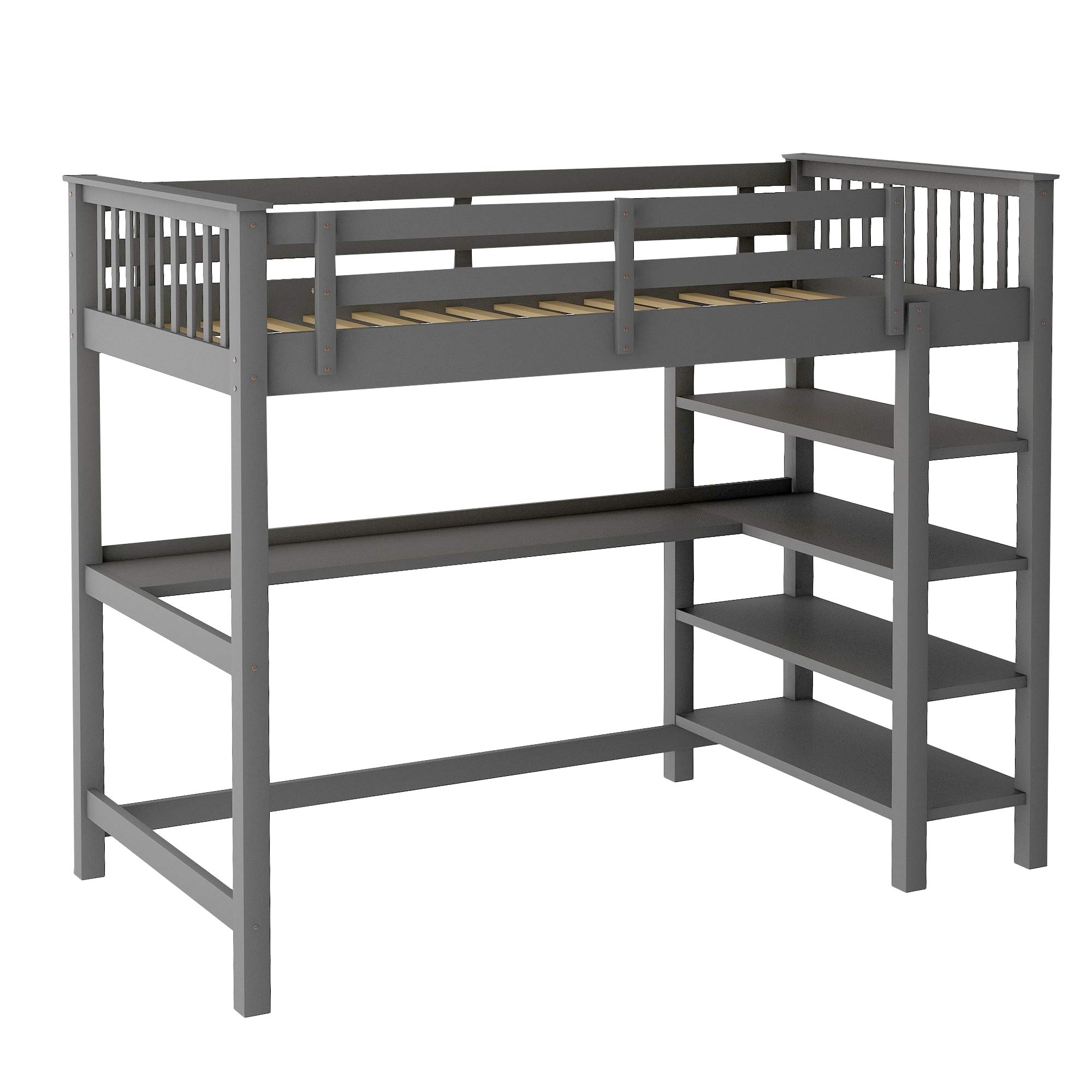 Twin Size Wooden Loft Bed Frame with Storage Shelves, Under-Bed Desk & Full-Length Guardrail - Built-in Ladder for Kids, Teens & Adults (Gray) | Space-Saving Bedroom Solution for Small Rooms, Dormitories & Apartments