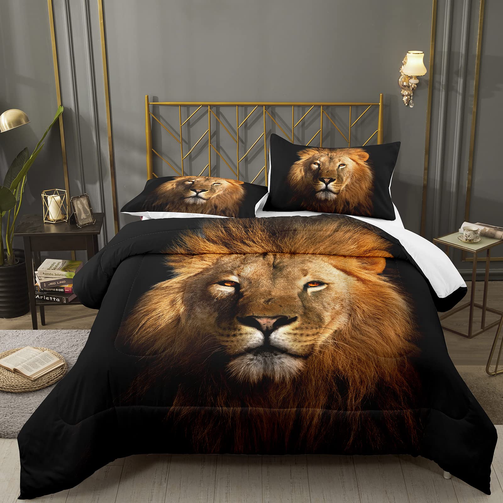 Bodhi Lion King Size Comforter Set - Soft Microfiber Bedding with 1 Comforter & 2 Pillow Shams, Wild Animal Print Design #4002 | Perfect for Jungle-Themed Bedrooms, Kids' Rooms, and Cozy Home Decor