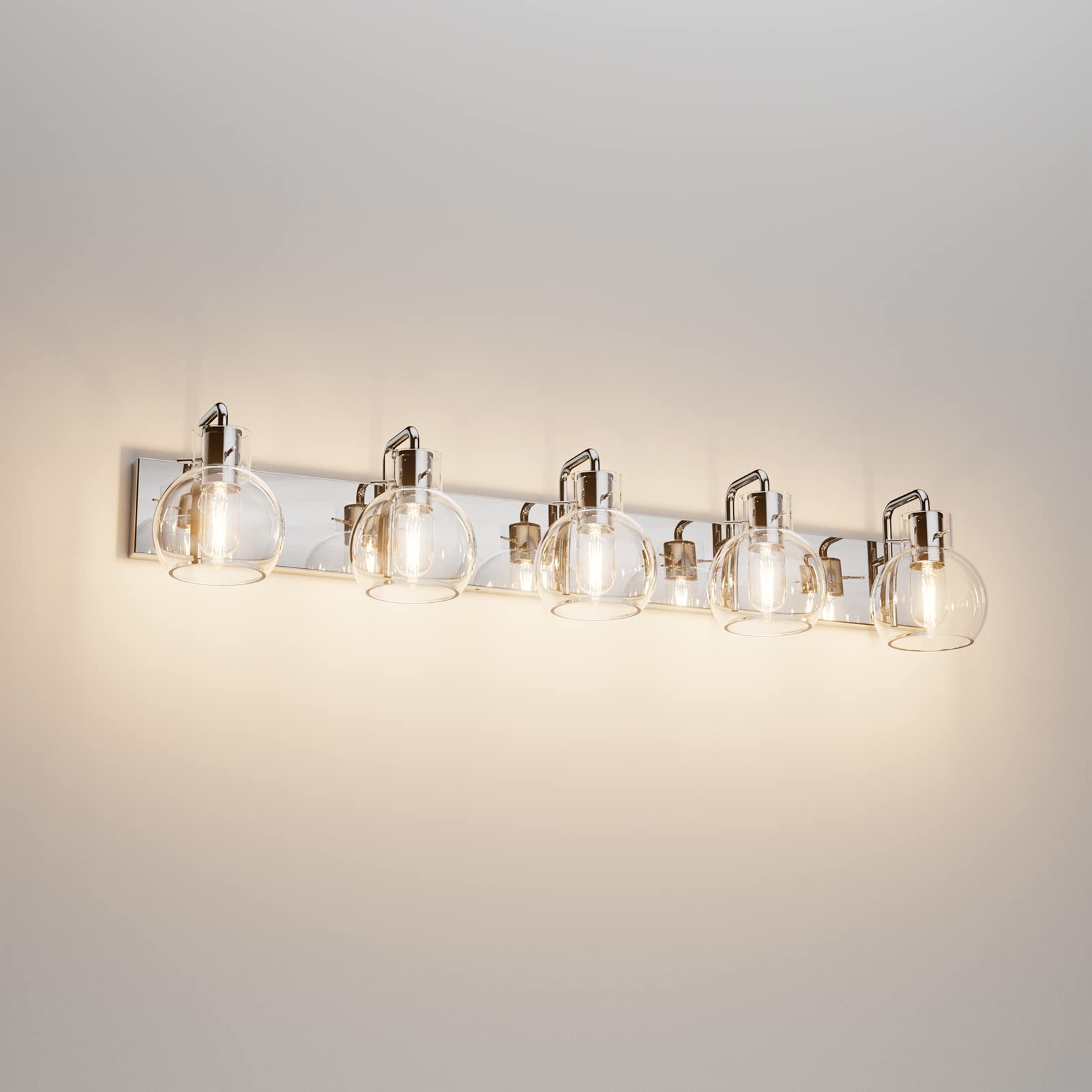 Tipace 5-Light Modern Chrome Bathroom Vanity Light Fixture - Stainless Steel Industrial Farmhouse Sconce with Clear Glass Globes for Mirror Lighting (Bulbs Not Included) - Perfect for Bathroom, Powder Room & Dressing Area