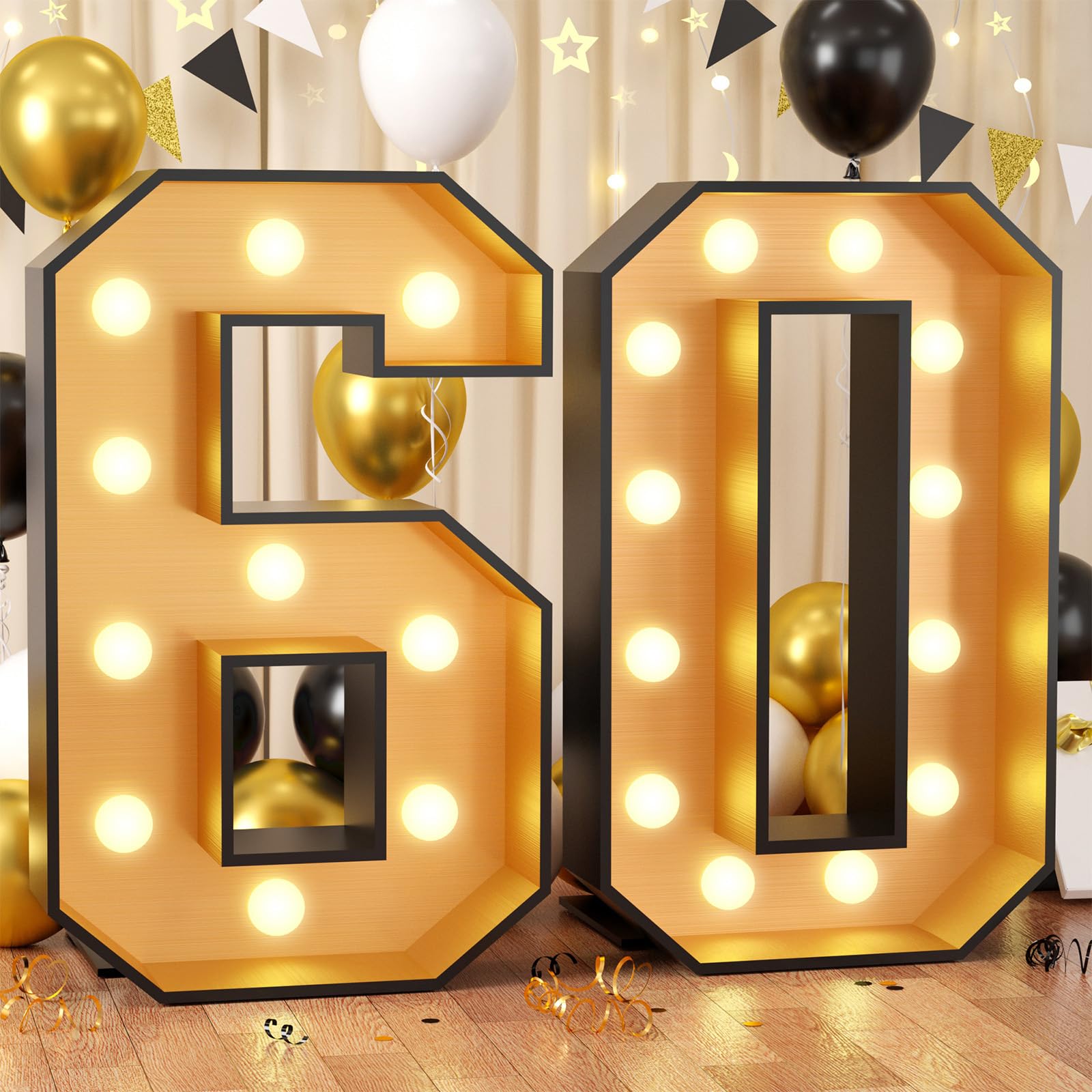 4FT Light Up Marquee Number 60 - Black & Gold Giant LED Mosaic Numbers for 60th Birthday Party Decorations, DIY Pre-Cut Foam Board Frame Kit | Perfect for Milestone Celebrations, Anniversary Events & Photo Backdrops
