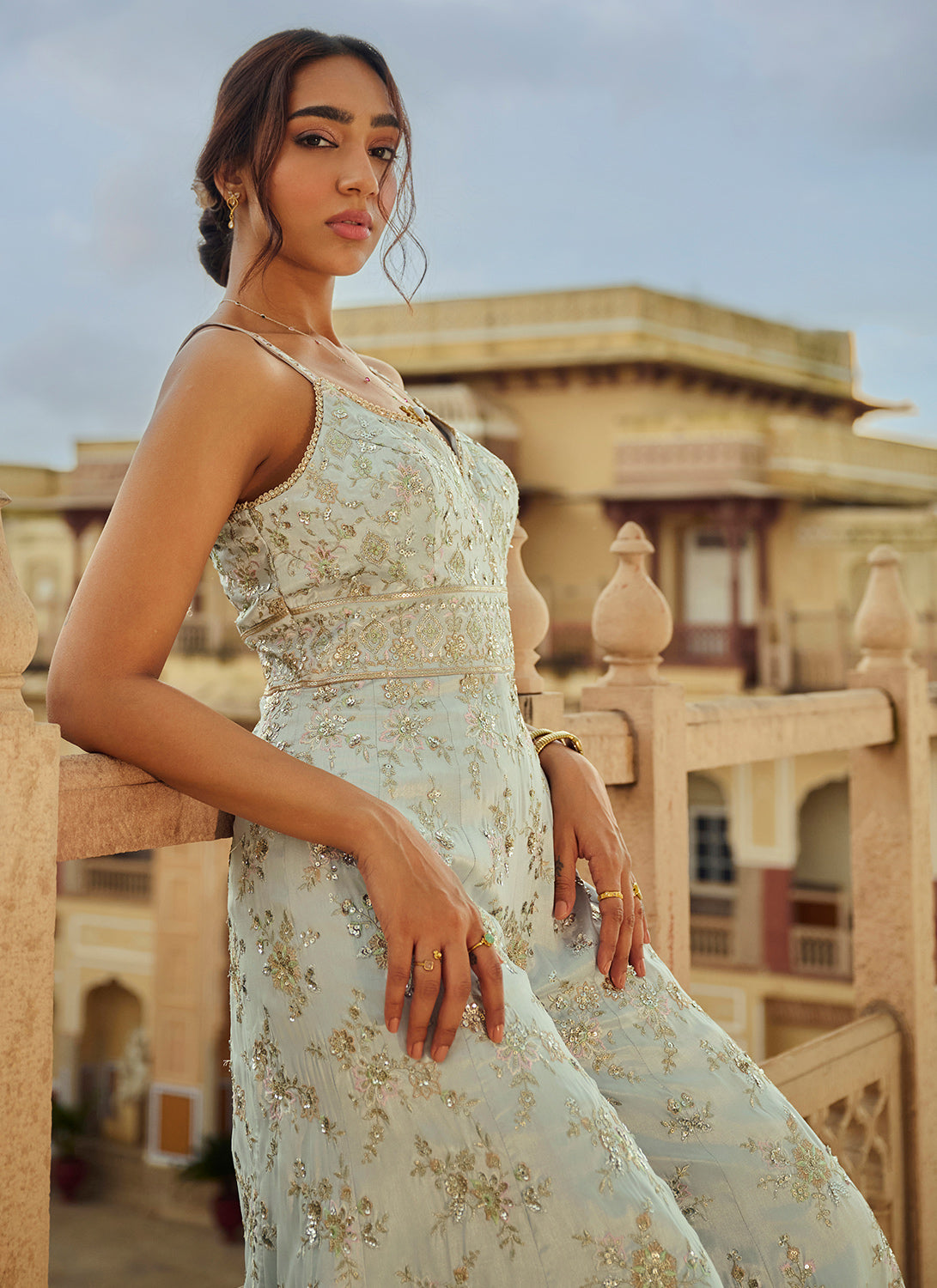 Elegant Grey Embroidered Silk Jumpsuit for Women - Perfect for Weddings, Parties & Special Occasions