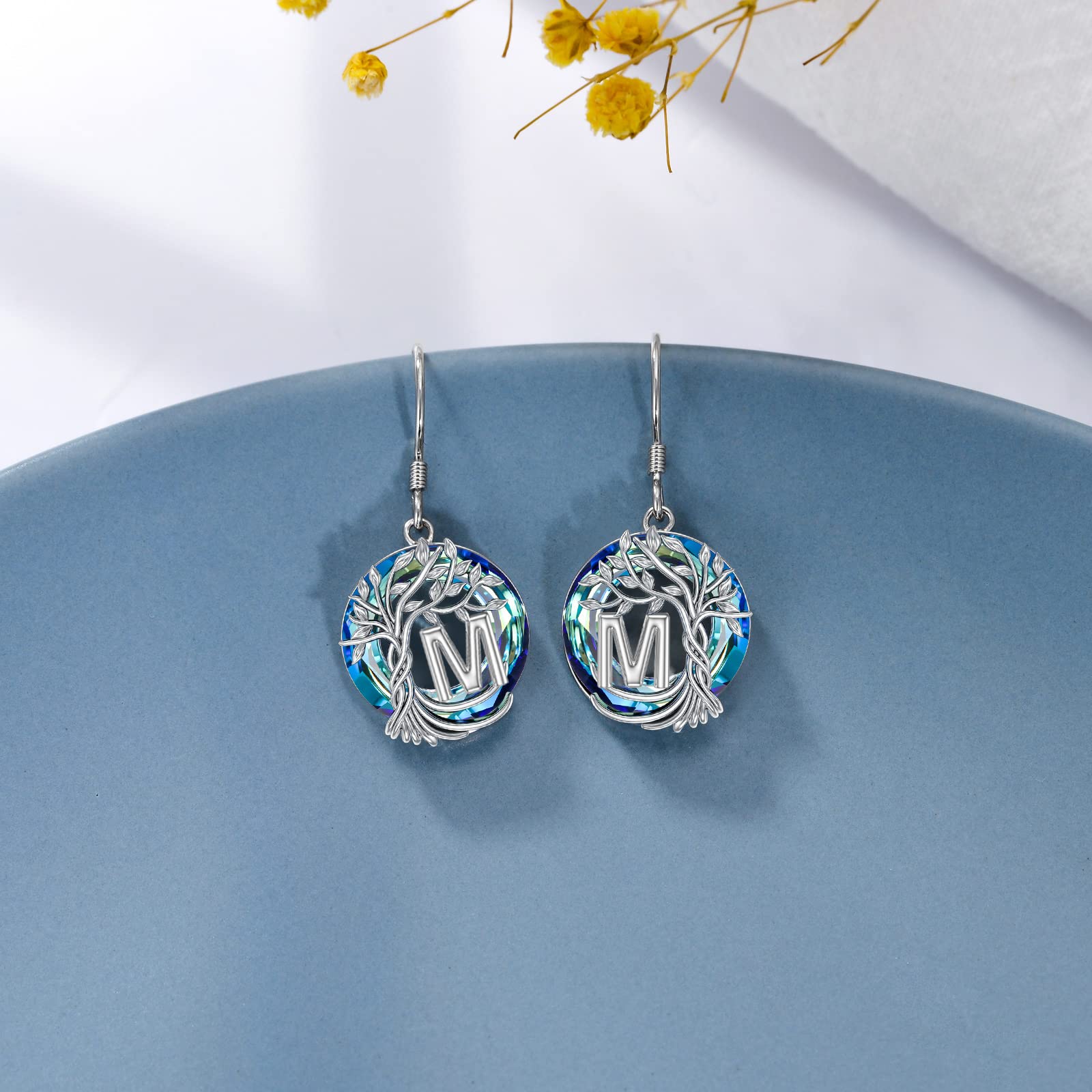 TOUPOP 925 Sterling Silver Tree of Life Initial Earrings - A-Z Letter Drop Dangle Earrings with Blue Circle Crystal for Women | Valentine's Day, Anniversary & Birthday Gift for Her, Girlfriend, Mom | Perfect for Date Night, Wedding & Special Occasions