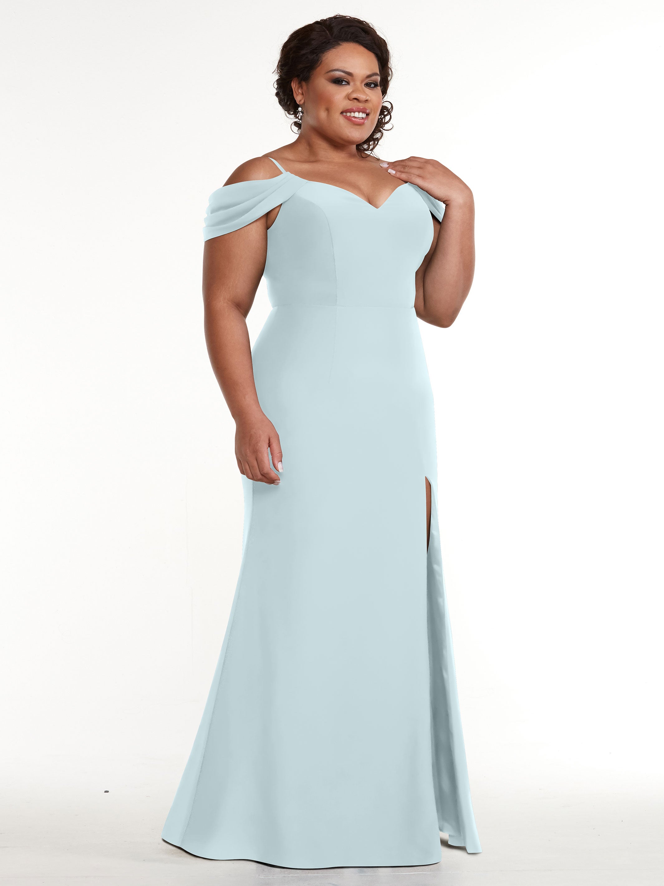 Elegant 83029 Stretch Chiffon Off-Shoulder Bridesmaid Dress with Thigh High Slit - Perfect for Weddings, Parties & Formal Events