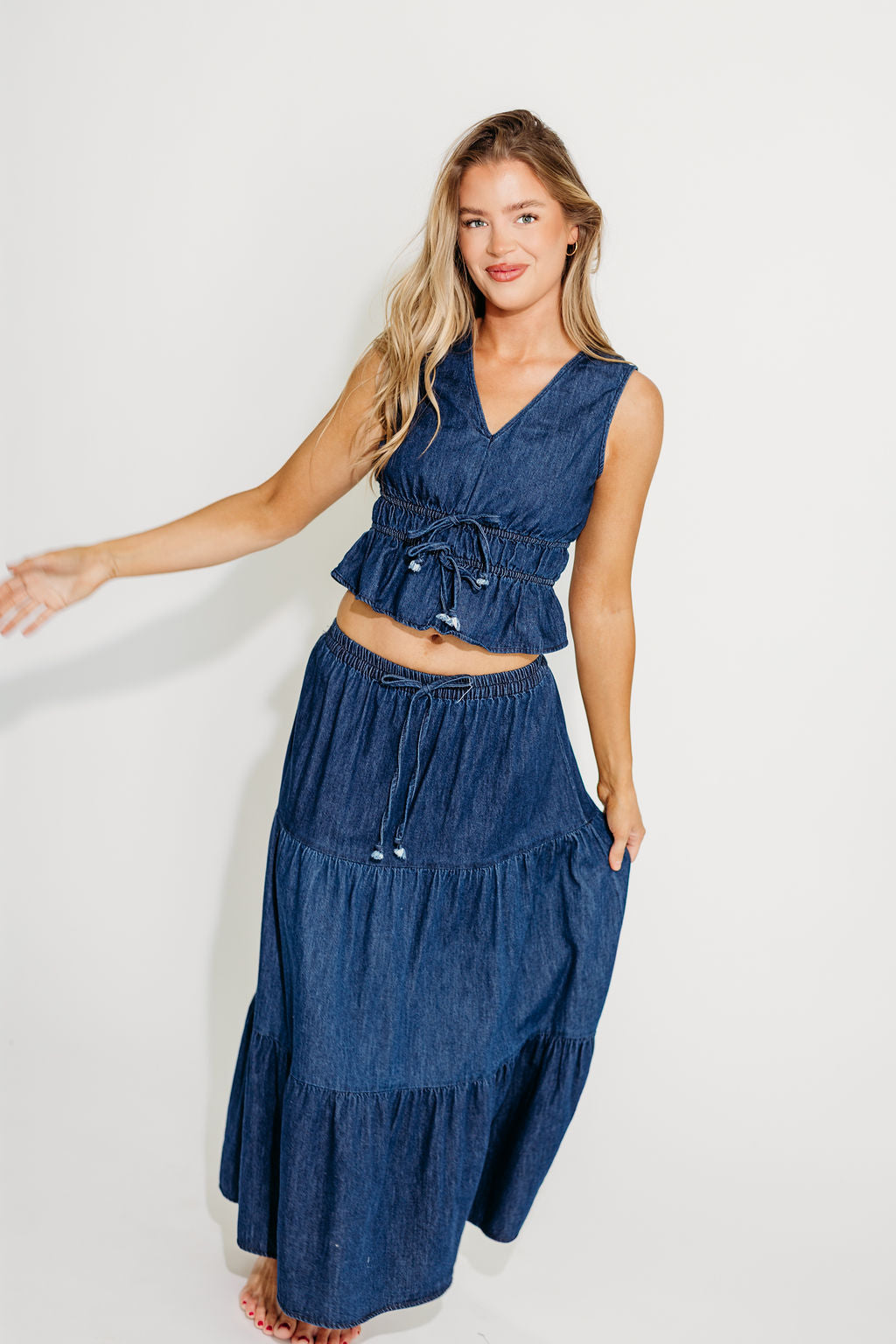 Noah Women's 100% Cotton Denim Peplum Top & Midi Skirt Set - Casual Outfit for Spring Summer | Office Wear, Date Night, Weekend Brunch