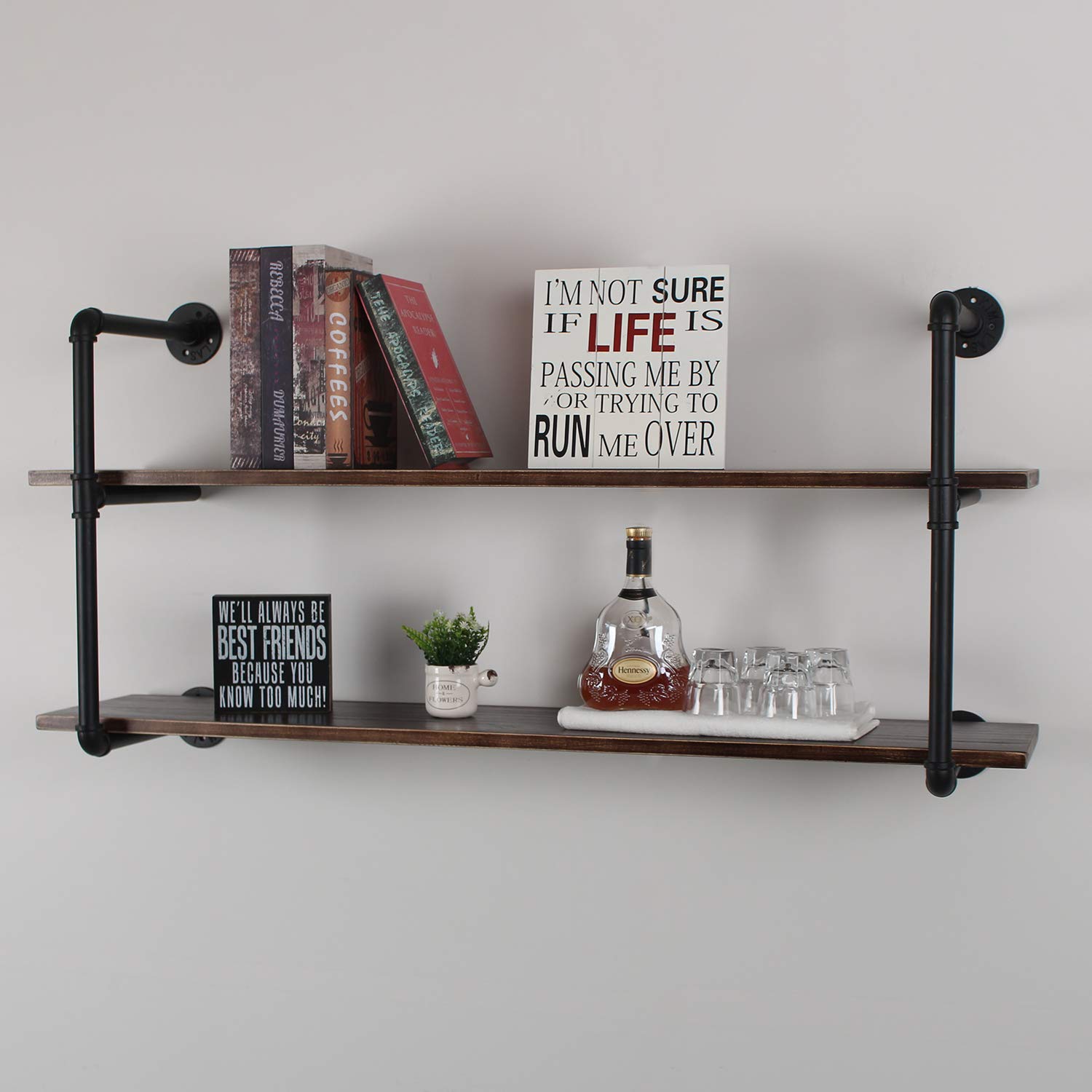 OISSIO Industrial Pipe Wall Shelf - 2-Tier Rustic Floating Bookshelf, 44 Inch Wall Mounted Storage Shelf for Home Office, Living Room, Kitchen | DIY Pipe Shelving Unit for Books, Decor & Organizing