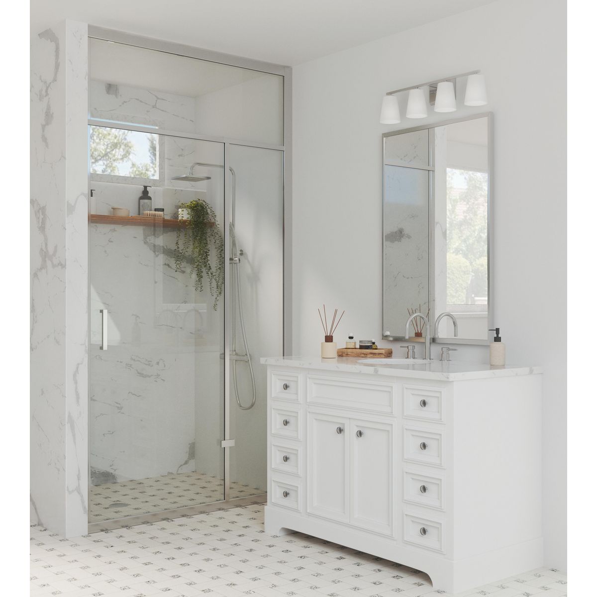 Vertex Collection 4-Light Etched White Glass Bathroom Vanity Light Fixture - Perfect for Modern Bathrooms, Powder Rooms & Spa Retreats