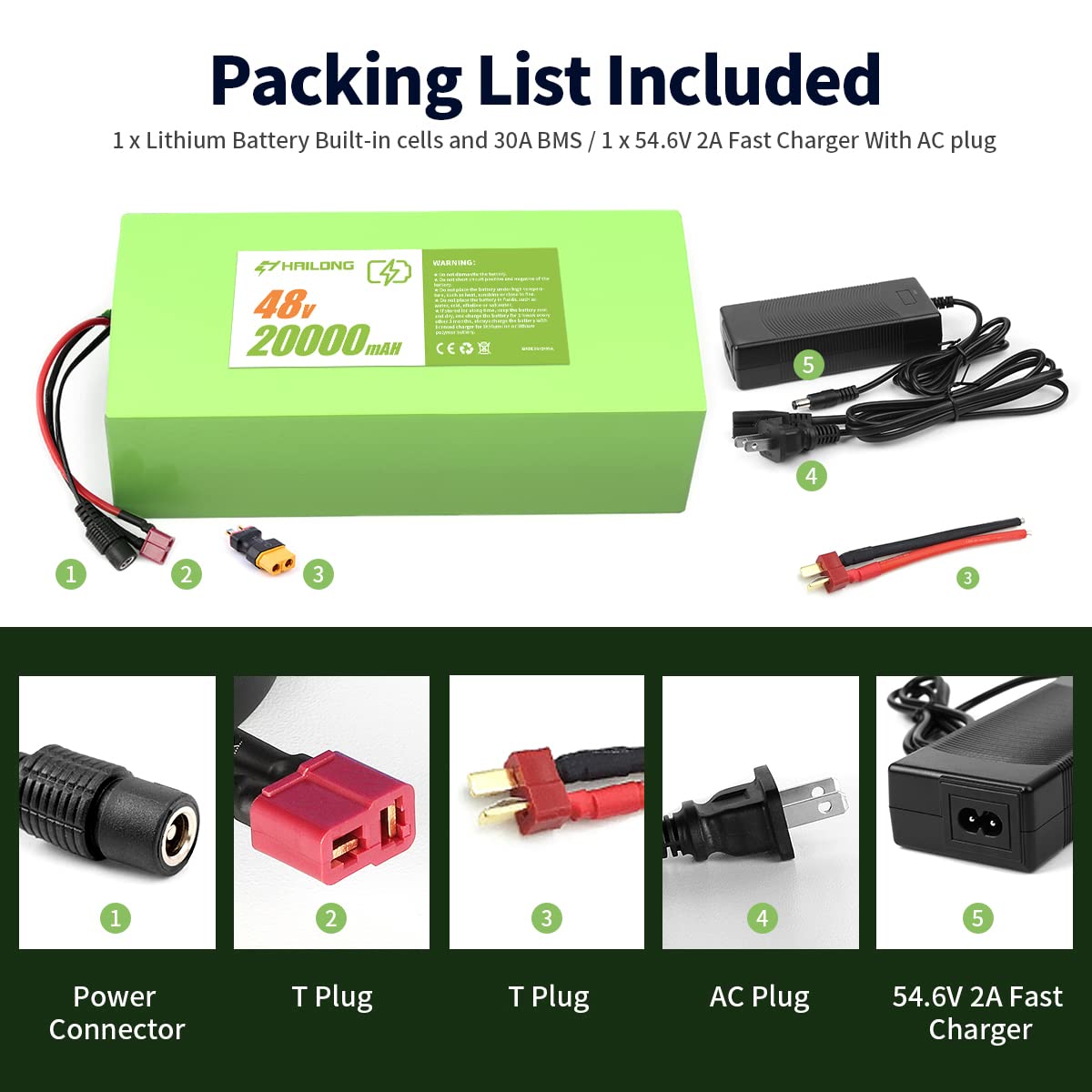 48V 20Ah Lithium Ion Ebike Battery with 54.6V 2A Charger - T-Plug XT60 Connector, 30A BMS, Waterproof Shrink Film (200W-1200W) | Compatible with Electric Bikes, Scooters & Mobility Scooters | Perfect for Commuting, Off-Road Adventures & Long-Distance Riding