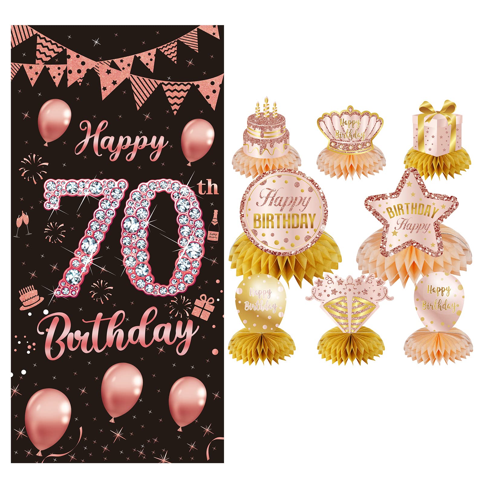 70th Birthday Party Decorations - Rose Gold & Pink Honeycomb Door Banner & Table Centerpieces for Women | Happy 70 Year Old Birthday Sign Backdrop Supplies - Perfect for Milestone Celebrations, Retirement Parties & Family Gatherings