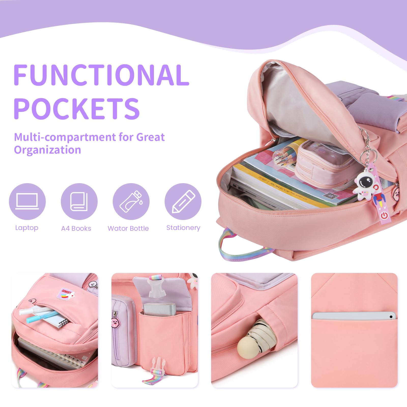 Cute Pink Backpack for Girls - School Bookbag for Teens with Free Pendant - Lightweight & Durable for School, Travel & Daily Use