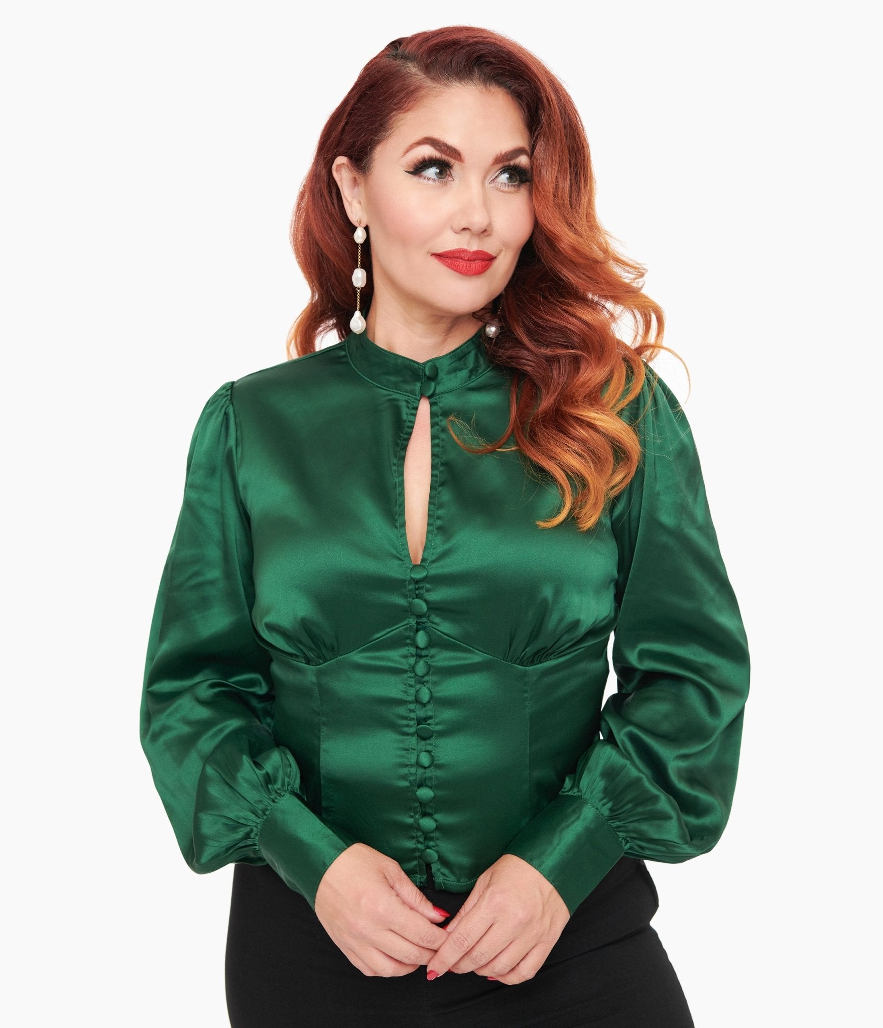 Vintage 1970s Emerald Green Satin Keyhole Button Waist Blouse - Retro 70s Style Women's Top for Parties, Date Night & Special Occasions