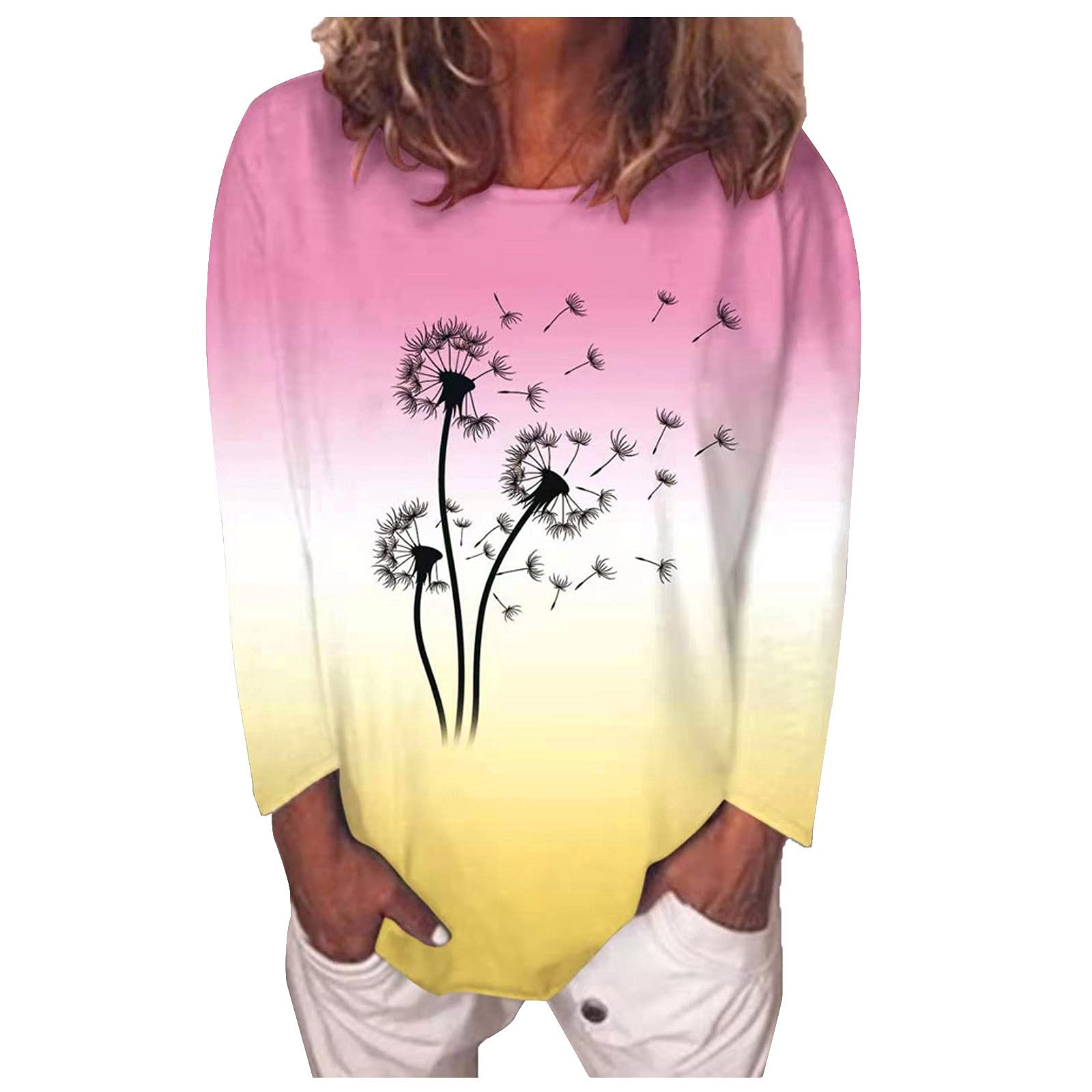 Women's Long Sleeve Gradient Print Casual T-Shirt - Solid Color O-Neck Top for Everyday Wear, Work & Weekend Outfits