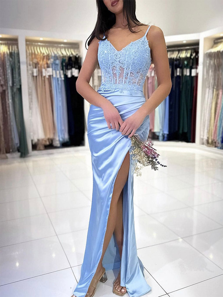 Elegant Blue V-Neck Satin Lace Mermaid Prom Dress - Long Formal Evening Gown for Women | Perfect for Homecoming, Wedding Guest & Special Occasions