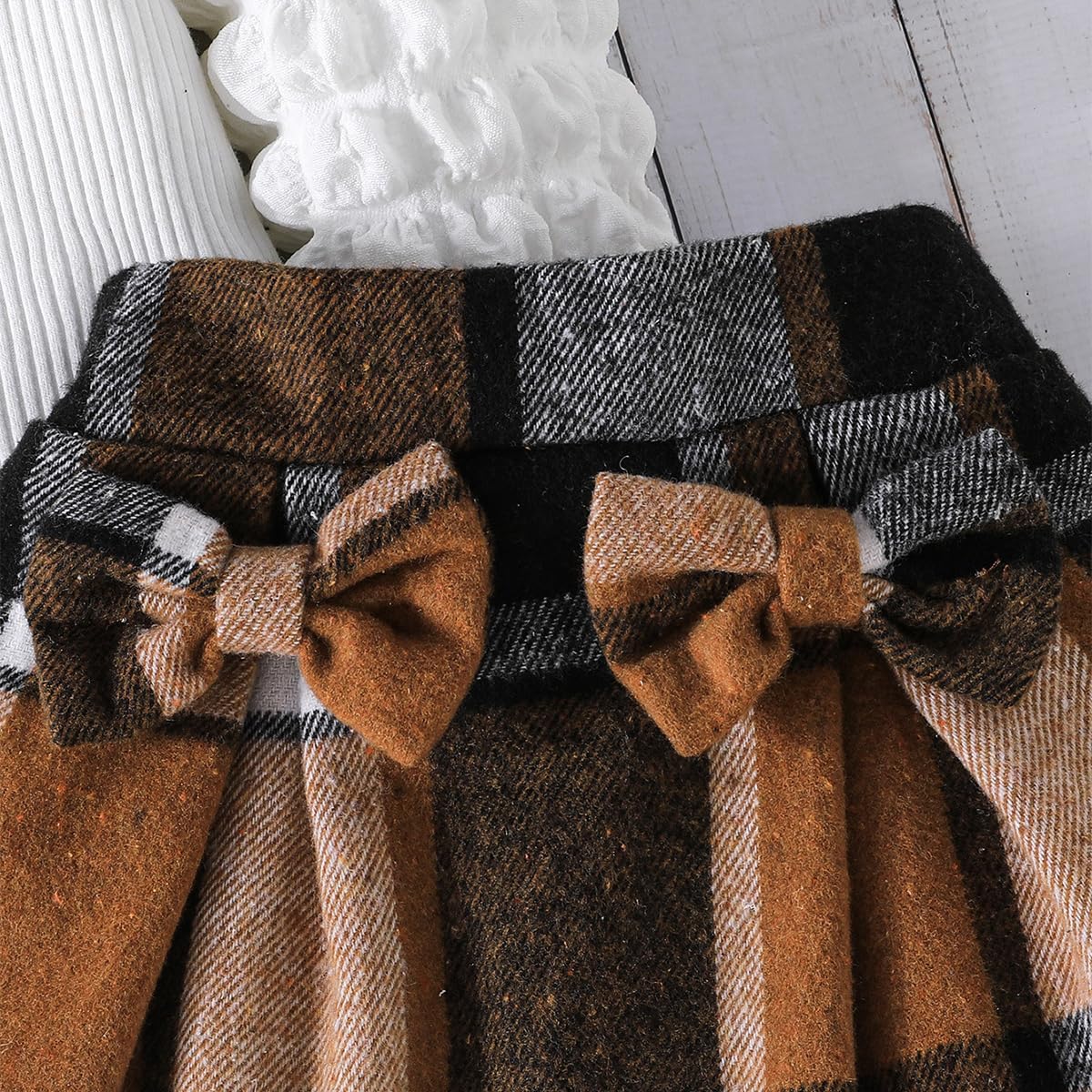 Stylish Noubeau Toddler Girls Plaid Outfits - Puff Sleeve Knit Ribbed Shirt & Plaid Skirt Set for Fall Winter | Cute Kids Clothes for School, Holidays & Family Photos