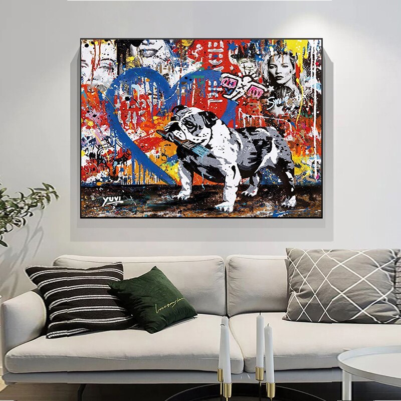 Urban Street Graffiti Art Dog Canvas Wall Painting - Modern Home Decor for Living Room, Bedroom & Office