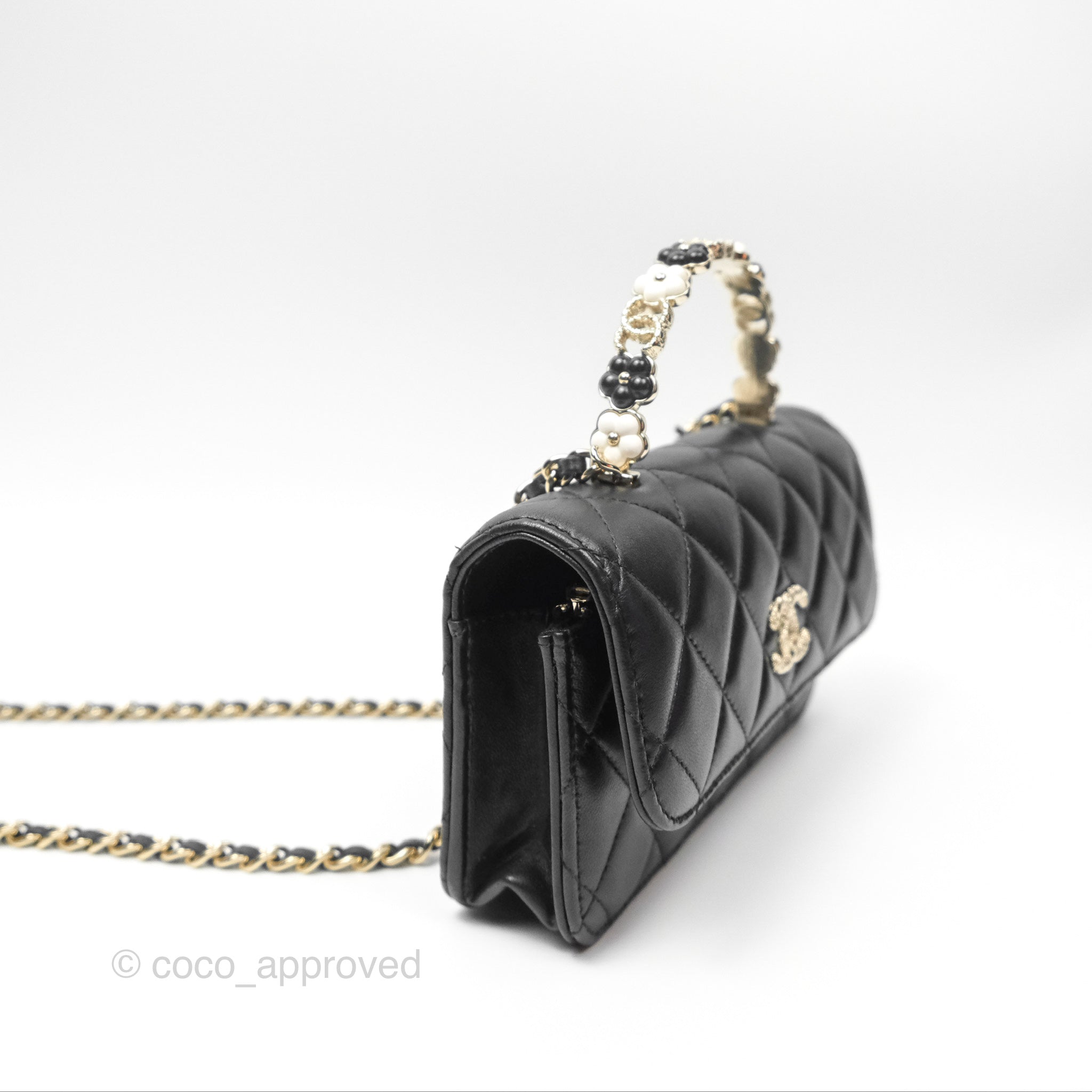 Chanel Camellia Handle Mini WOC Phone Holder Crossbody Bag with Chain - Black Lambskin Leather 23K Gold Hardware | Luxury Evening Out & Date Night Accessory