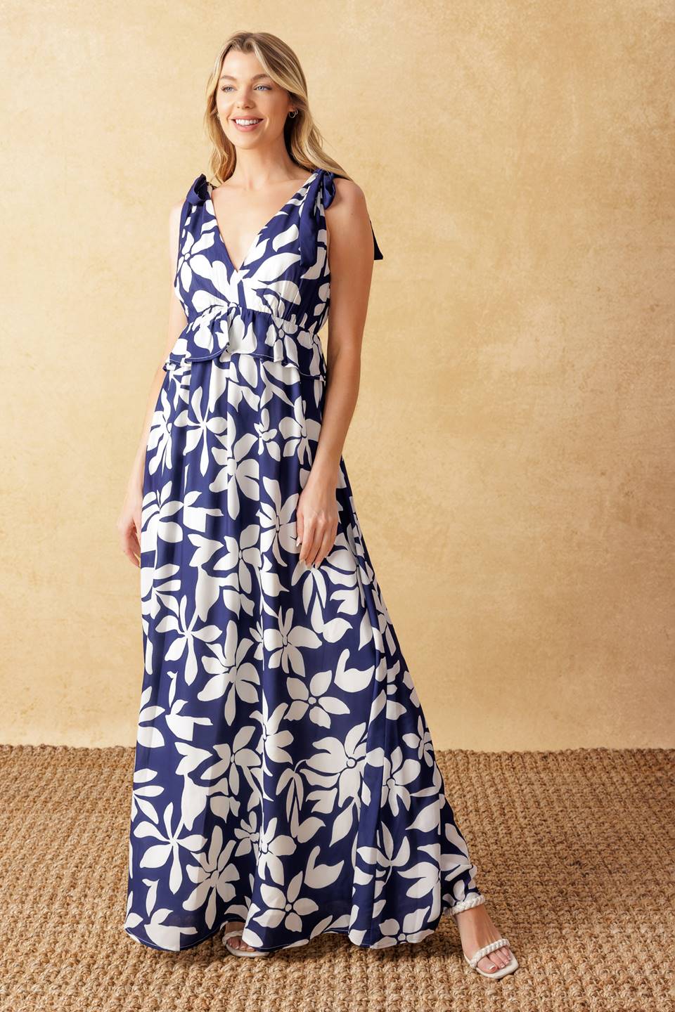 Elegant Navy & White Leaf Print Peplum Maxi Dress for Women - Perfect for Summer Weddings, Beach Vacations & Casual Outings