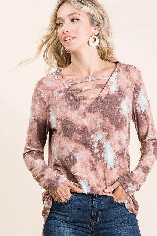 BiBi Tie Dye French Terry V-Neck T-Shirt for Women | Soft Casual Top | Perfect for Summer Outfits, Beach Wear & Lounge