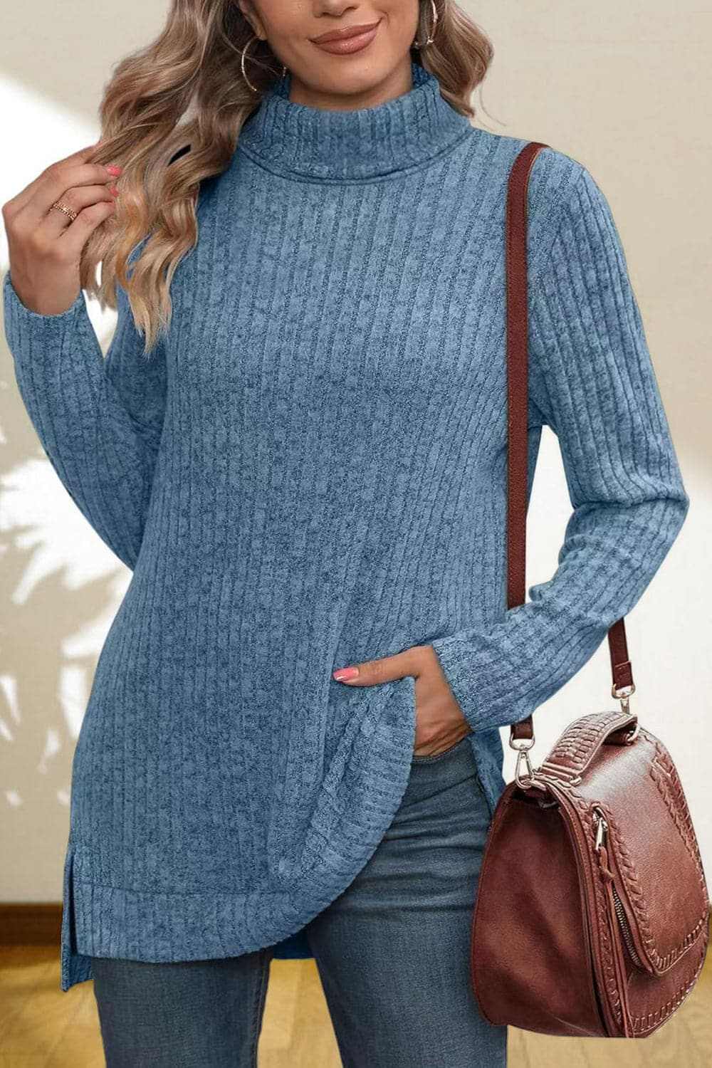 Trendy High Low Turtleneck Sweater for Women - Fashionable Winter Knit Top for Casual & Office Wear