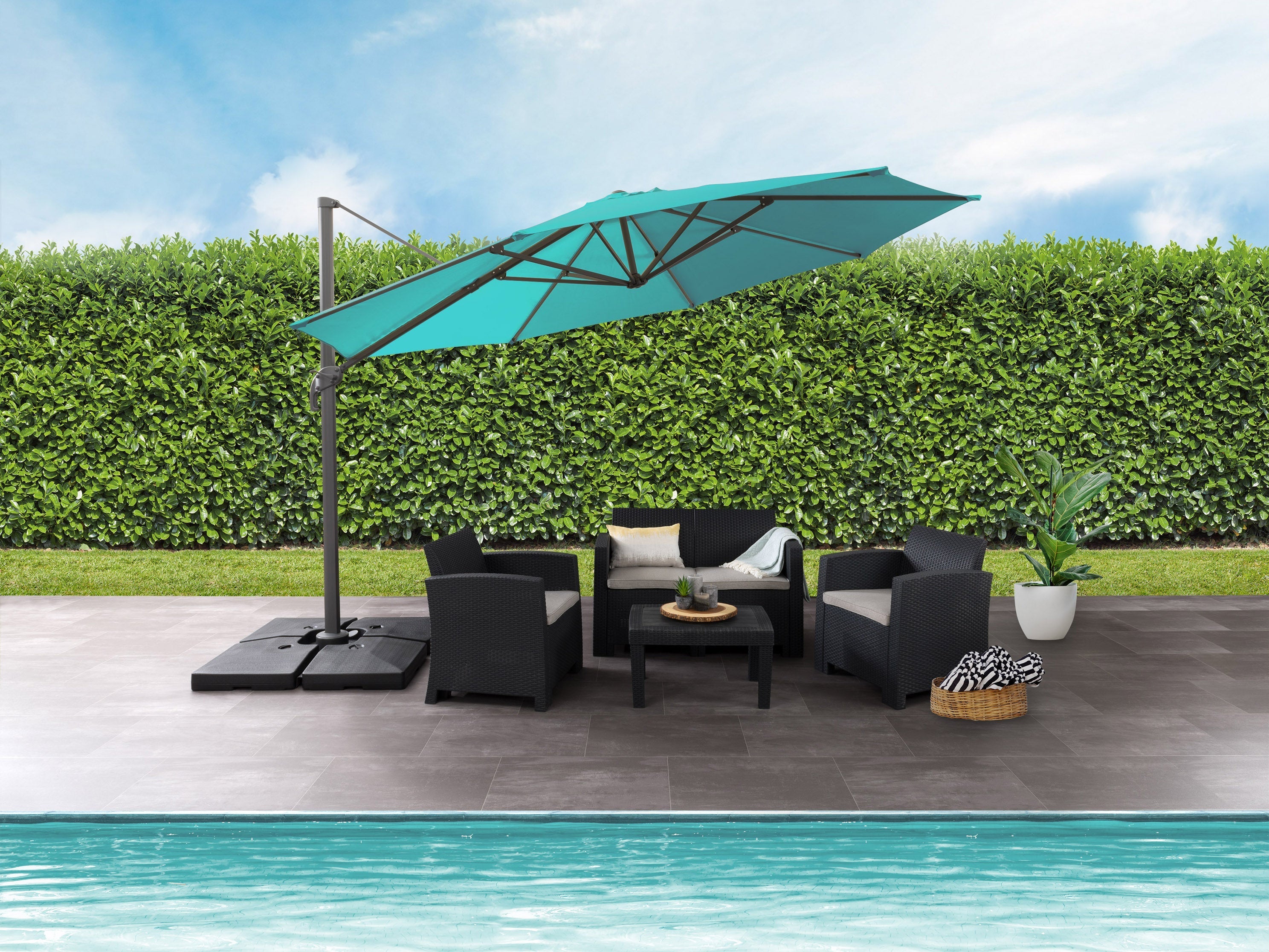 11.5ft Deluxe Offset Patio Umbrella in Turquoise - Outdoor Cantilever Sun Shade for Poolside, Garden, and Backyard Relaxation