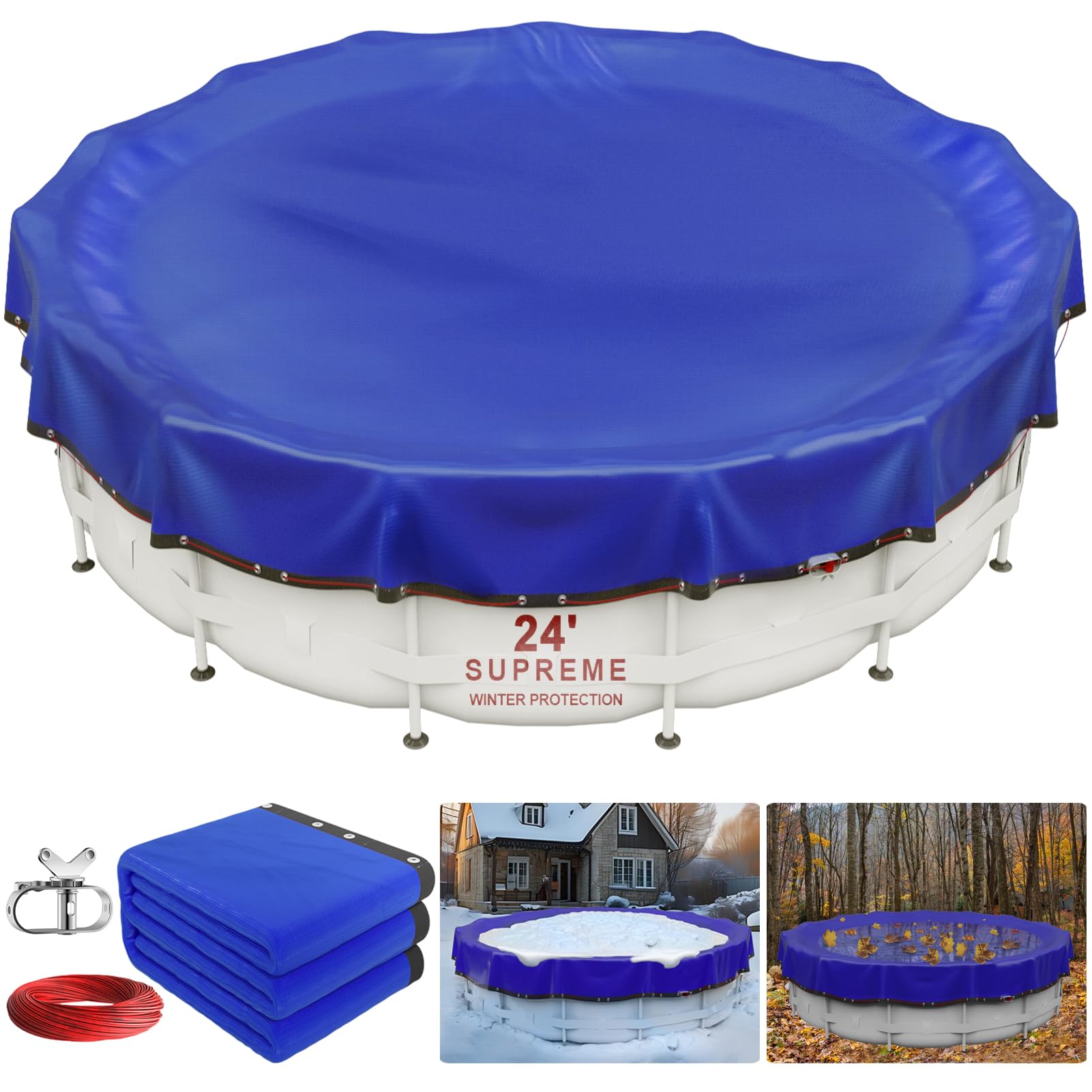 Upgraded 24 ft Round Winter Pool Cover for Above Ground Pools - Extra Thick, Durable Swimming Pool Protection Cover with Encryption Grommets, Cold & UV Resistant - Includes Premium Winch & Cable (Perfect for Winterizing and Protecting Your Above Ground Pool from Debris, Harsh Weather, and Sun Damage)