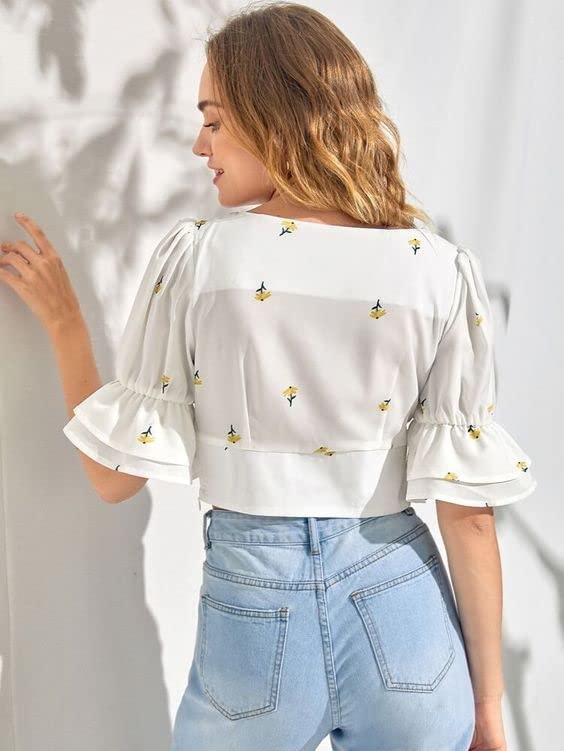 Midnight Moon Women's White Ruffled Cropped Button Down Shirt - Summer Casual Blouse for Beach Outings, Date Nights & Office Wear