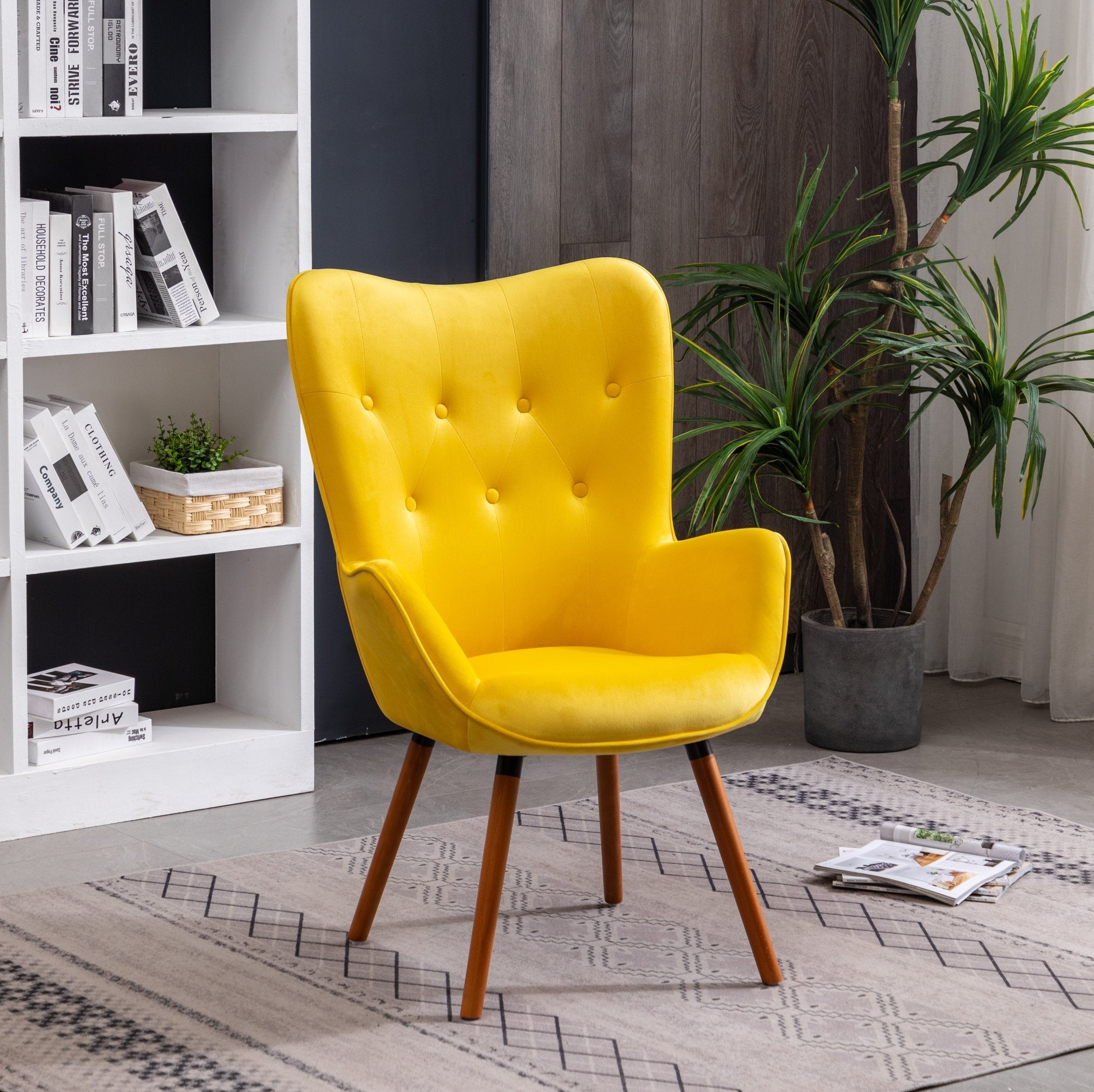Roundhill Furniture Doarnin Contemporary Silky Velvet Tufted Button Back Accent Chair - Yellow Velvet Lounge Chair for Living Room, Bedroom & Office Decor