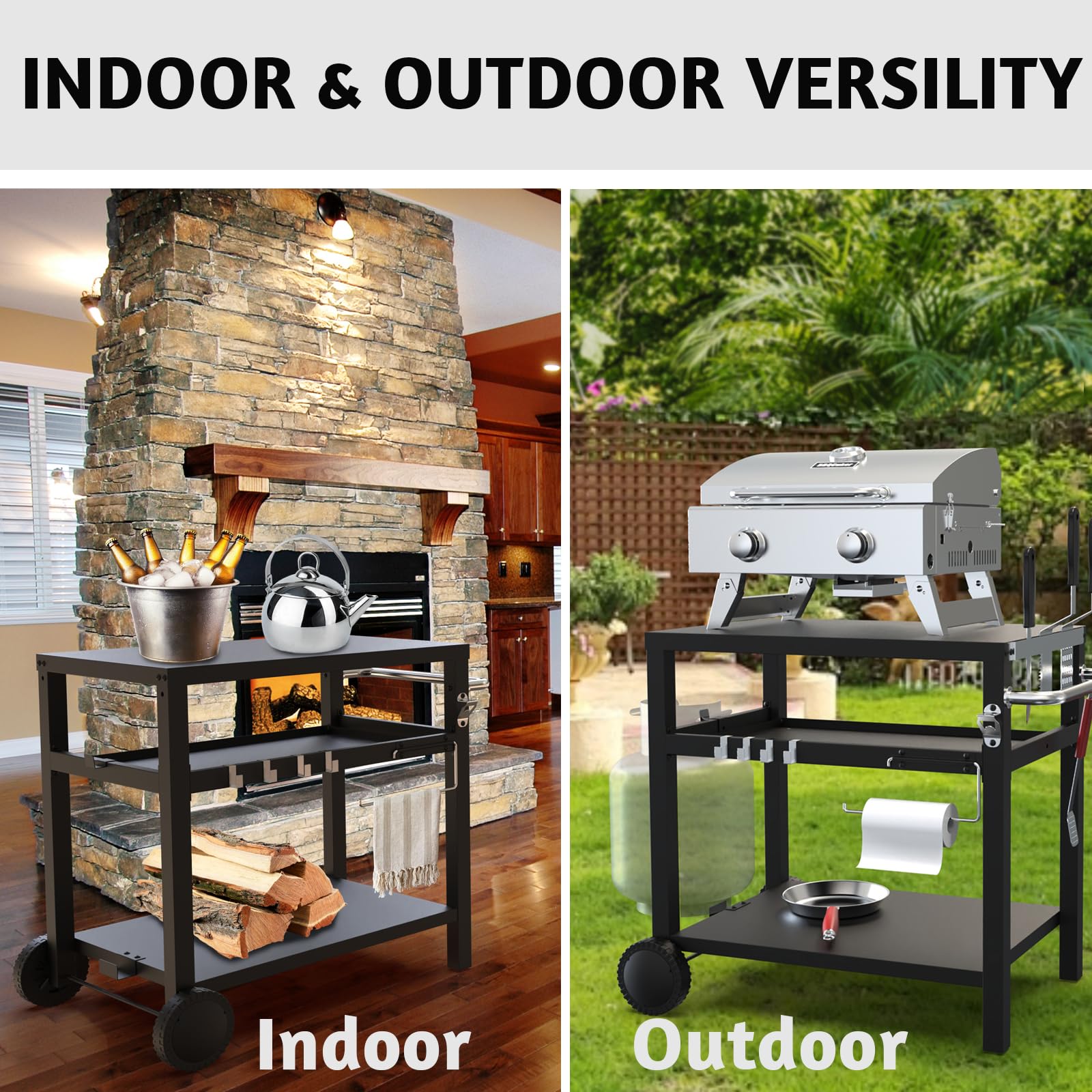 Portable BBQ Grill Cart with 3 Shelves - Outdoor Patio Kitchen Cooking & Camping Grill Stand with Wheels, Hooks, Towel Holder & Bottle Opener - Easy Assembly (29.5 x 19.6 x 29.7 Inches) - Perfect for Picnics, Backyard BBQs, Tailgating & Camping Trips