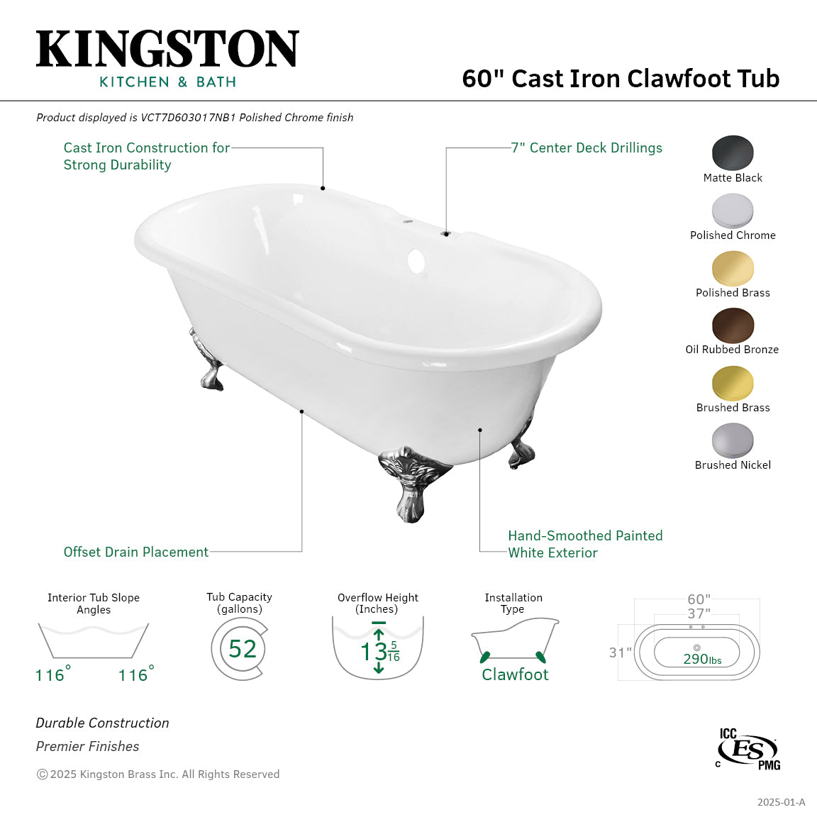 60 Inch White Cast Iron Clawfoot Bathtub with Polished Brass Feet - Double Ended Oval Freestanding Tub (7