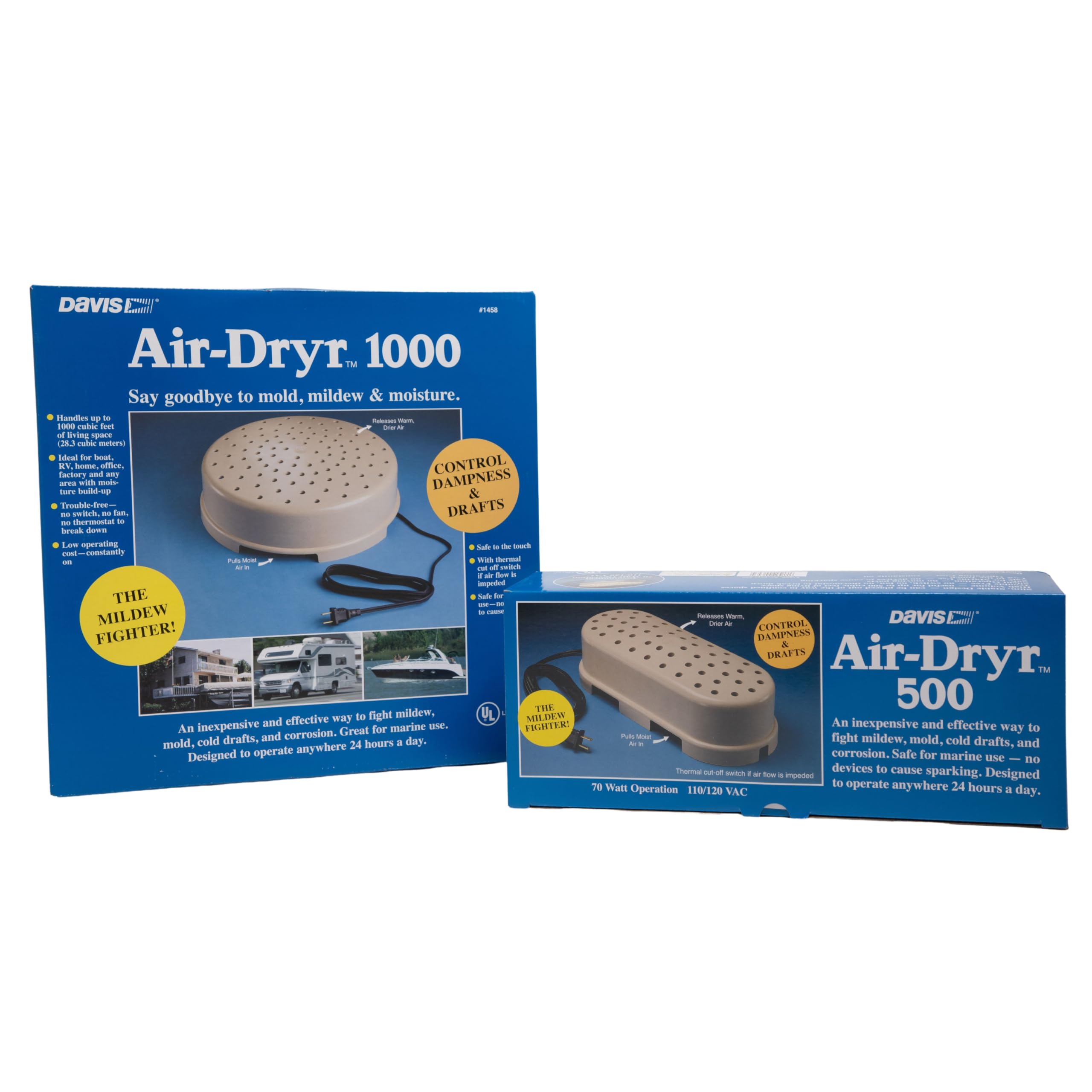 Davis Air-Dryr 500 & 1000 2-Pack Bundle - Ultra Quiet Dehumidifier for Moisture Control - Portable Air Dryer for RV, Camper, Bathroom, Bedroom, Closet - Perfect for Small Spaces, Travel & Home Use