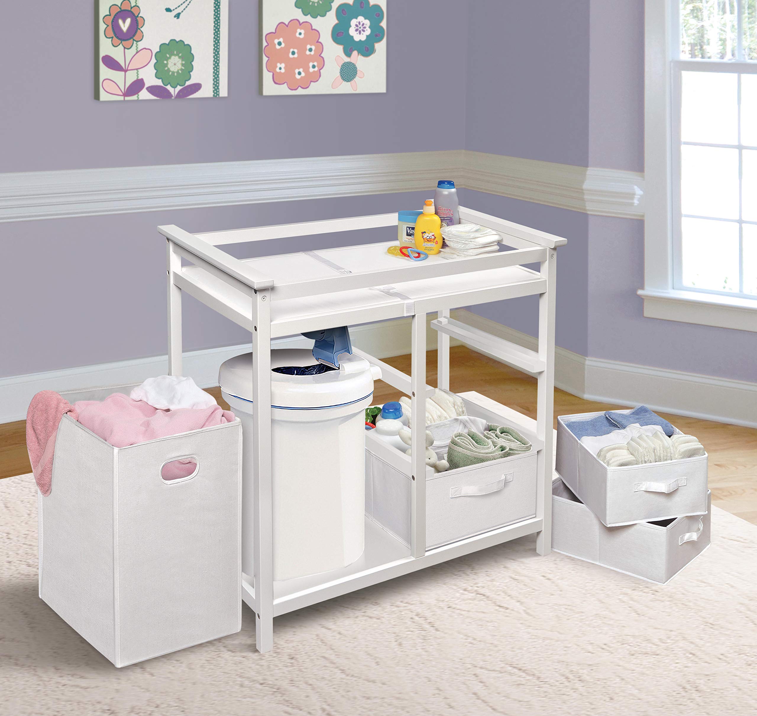 Modern Baby Changing Table with Laundry Hamper & 3 Storage Drawers - White Nursery Organizer for Diaper Changing Station | Perfect for Newborn Care & Nursery Organization
