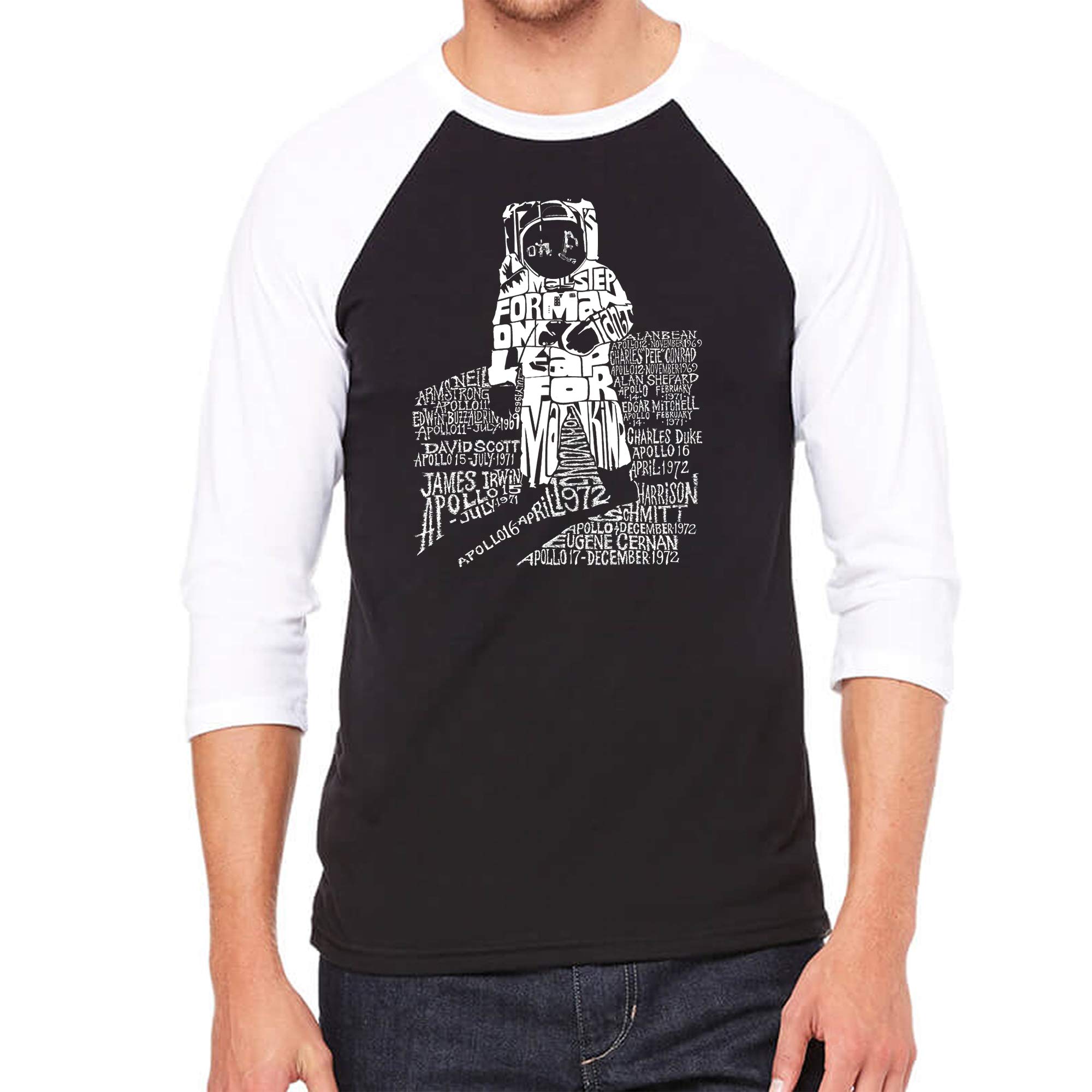 LA POP ART Men's Raglan Baseball Word Art T-Shirt - Astronaut Design | Vintage Style Short Sleeve Tee for Casual Wear & Street Fashion