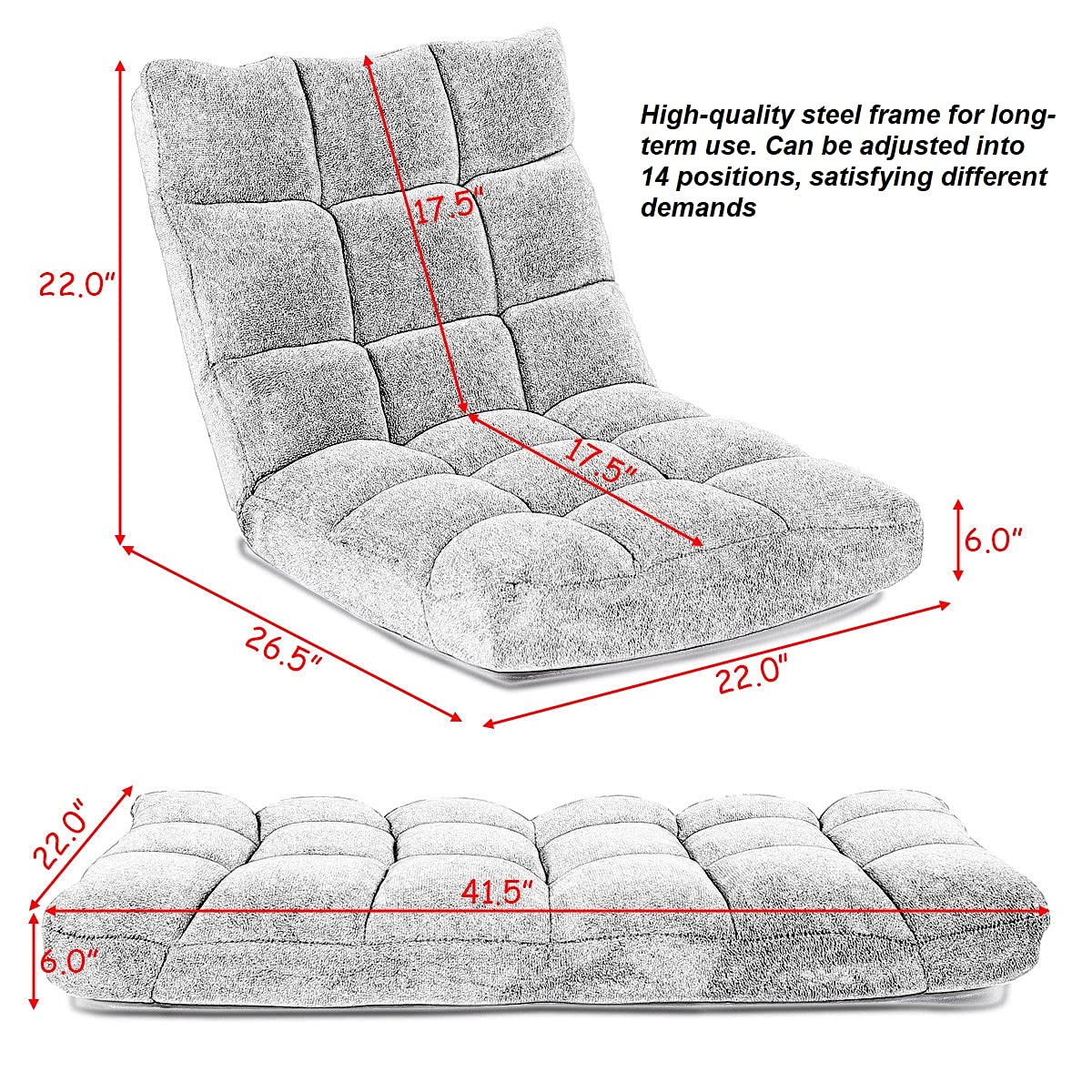 **Adjustable Grey Folding Floor Chair with Thick Padded Cushion - Portable Gaming & Lounger Recliner for Living Room, Reading, Watching TV, and Relaxing at Home**