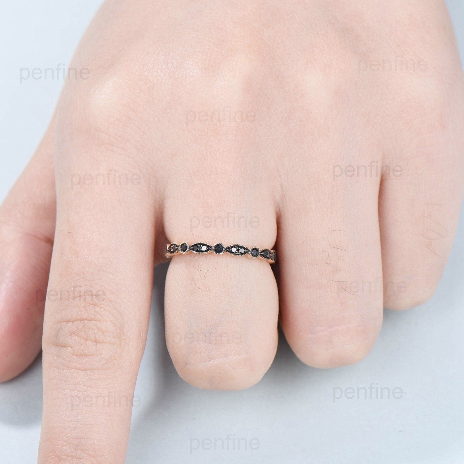 Vintage Art Deco Black Diamond Wedding Band for Women - Rose Gold Black Spinel Eternity Stacking Ring - Perfect for Engagement, Wedding, Anniversary & Everyday Wear