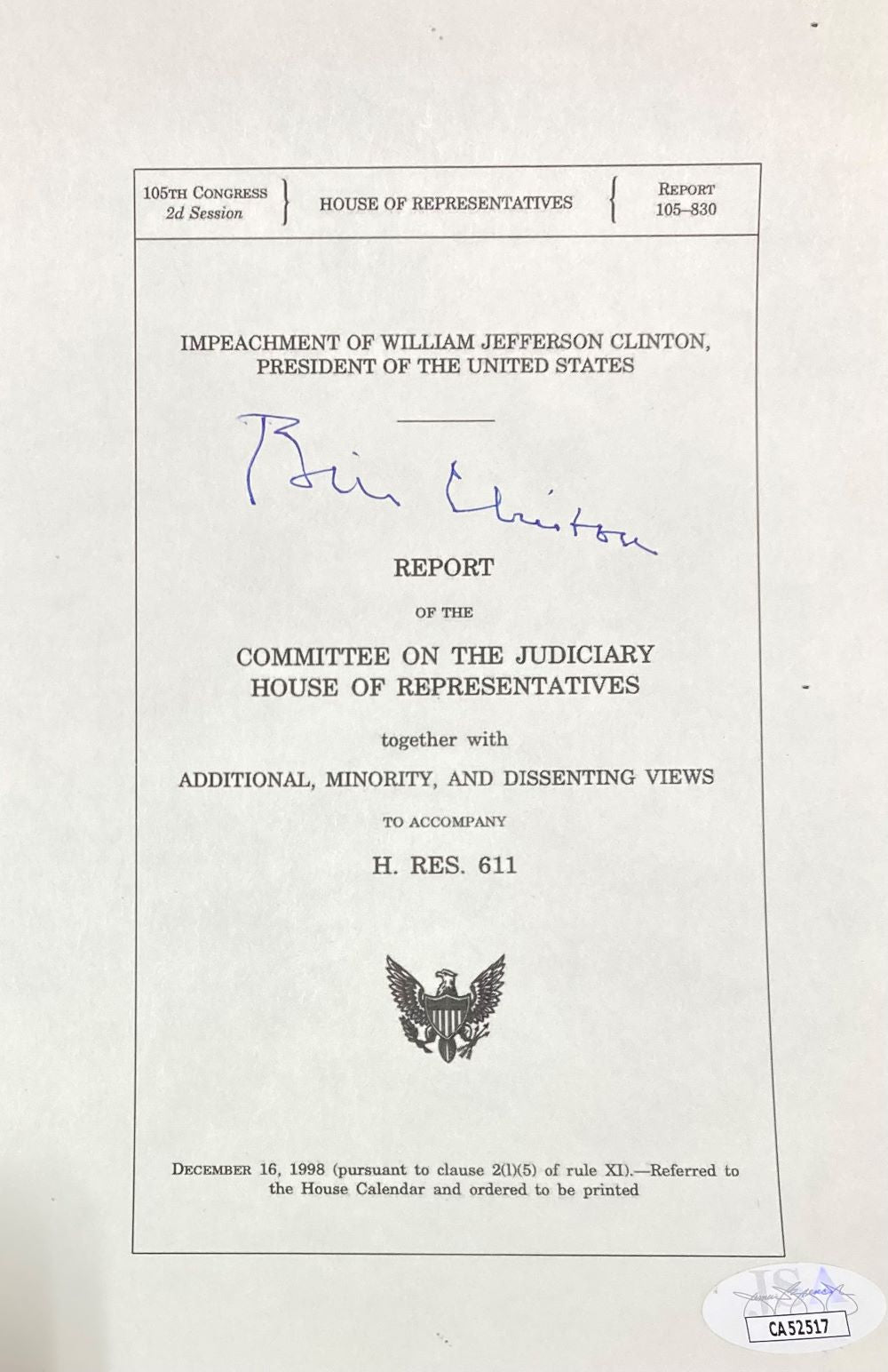 Authentic Bill Clinton Signed Blue 5x8 Impeachment Letter with JSA COA - Perfect for Political Memorabilia Collectors & History Enthusiasts