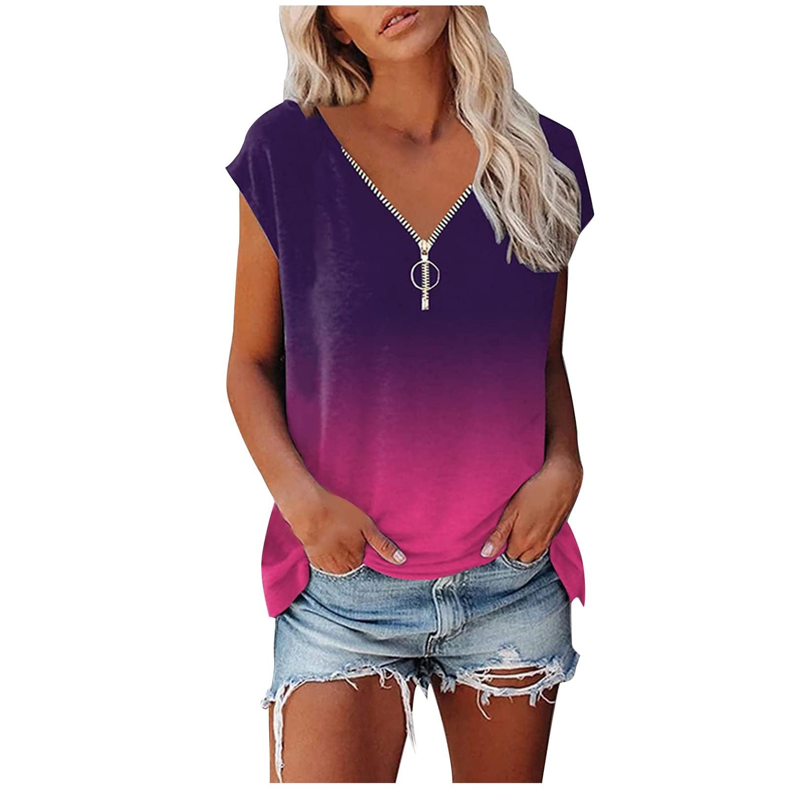 Women's Ombre Zipper T-Shirt - Loose Fit V-Neck Blouse for Summer Casual Wear