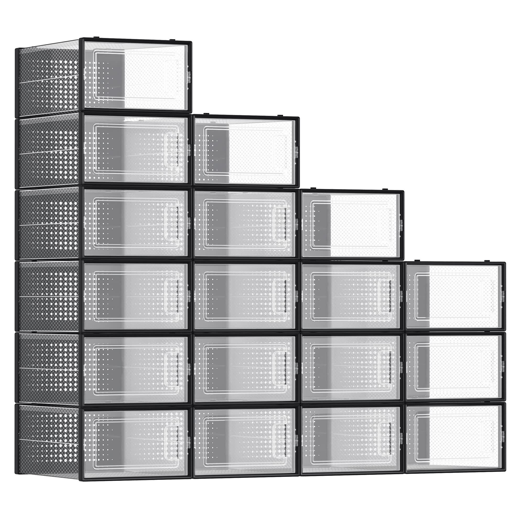 SONGMICS 18-Pack Shoe Storage Boxes, Clear & Black Stackable Shoe Organizers for Sneakers - Fits Up to US Men's Size 11, Foldable Shoe Box for Closet Organization | Perfect for Bedroom, Entryway & Dorm Storage Solutions