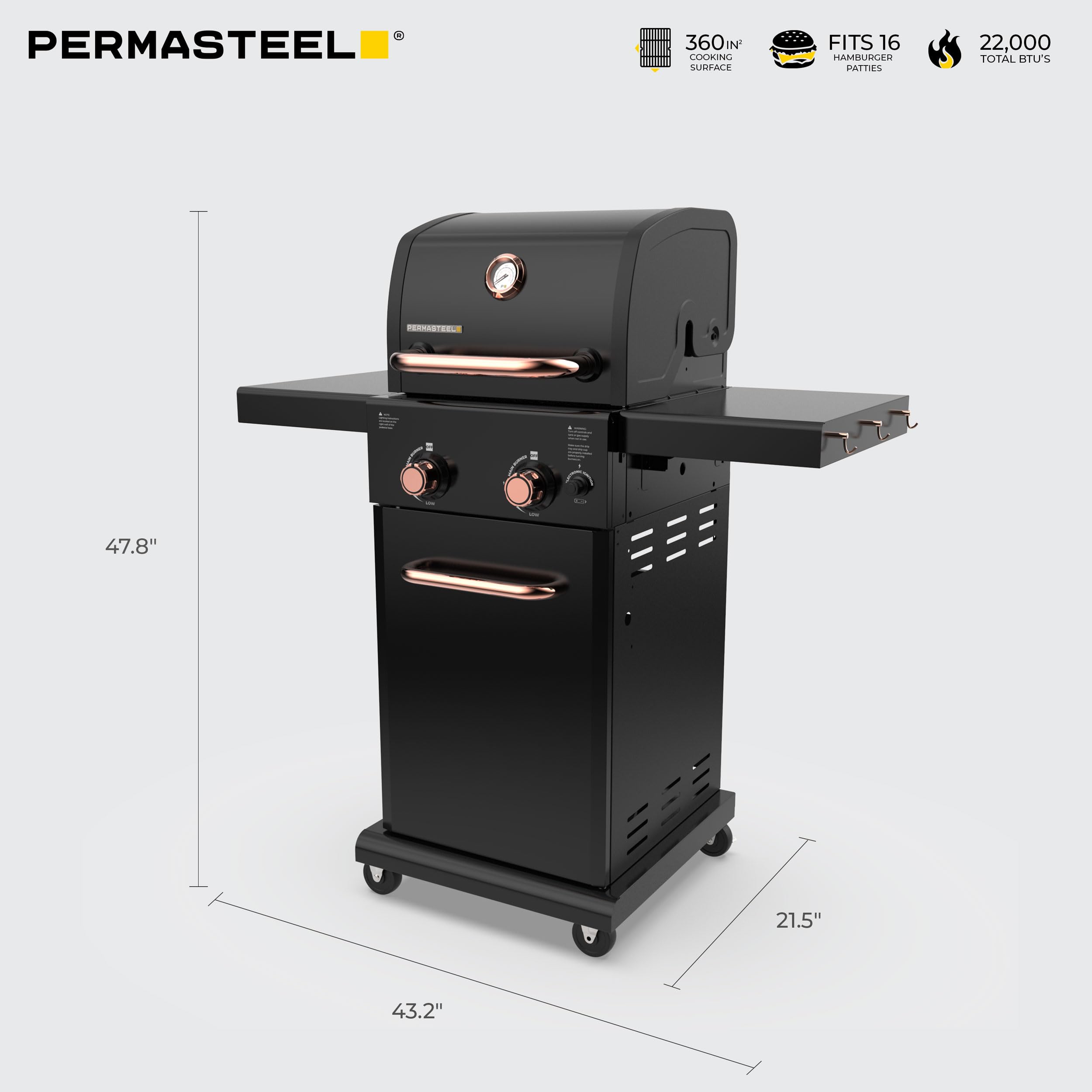 Premium Permasteel 2-Burner Propane Gas Grill with Foldable Side Shelves & Tool Hooks - Outdoor BBQ Grill for Backyard, Patio, Camping & Tailgating - Durable Black/Copper Design - Perfect for Family Gatherings & Summer Cookouts