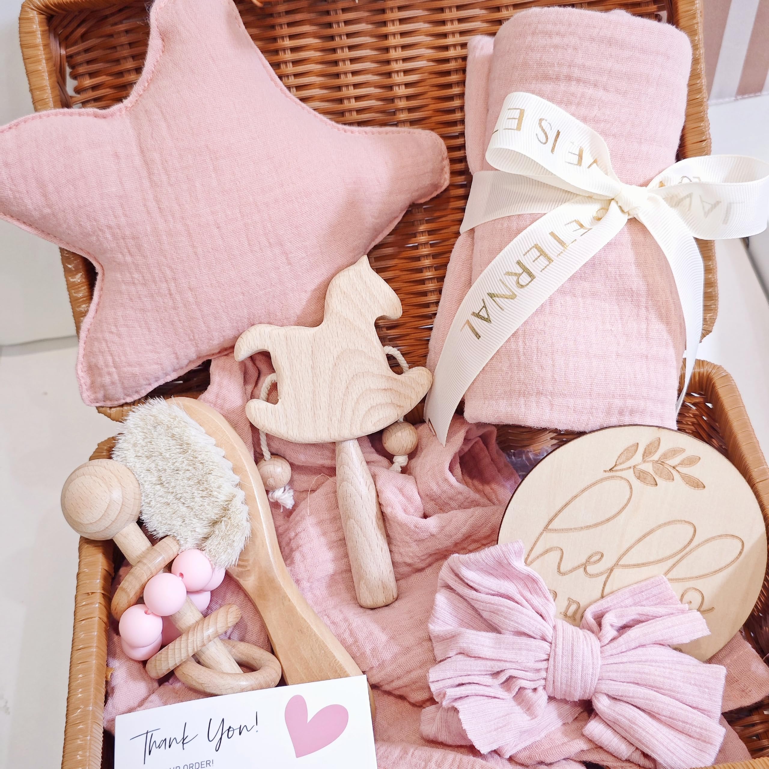 8-in-1 Newborn Baby Gift Set for Girls & Boys - Soft Star Security Blanket, Cotton Blanket, Baby Rattle & Wooden Milestone Cards (Pink) | Perfect Baby Shower Gift, Welcome Basket & First Birthday Present