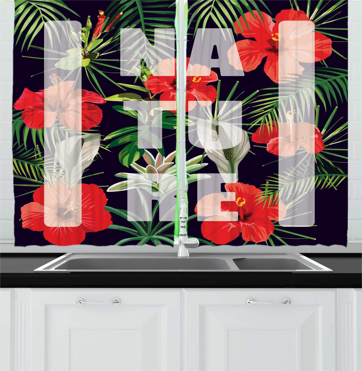 Ambesonne Jungle Kitchen Curtains Set of 2 Panels - Exotic Hibiscus & Tropical Leaf Print Window Drapes for Kitchen & Cafe Decor, 55