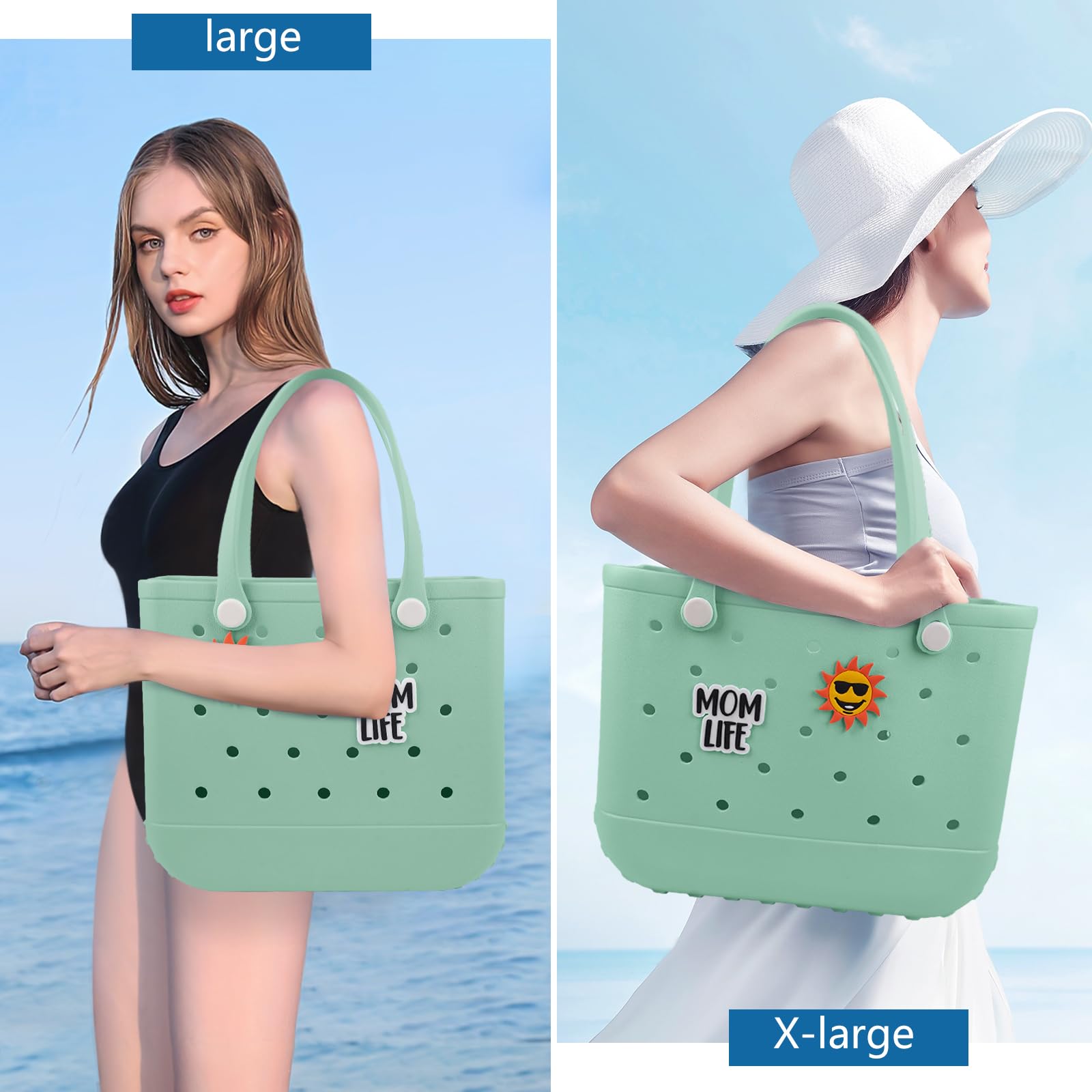 Waterproof Extra Large Beach Tote Bag for Women - Durable Rubber Travel Handbag with Charms - Perfect for Swimming Pool, Grocery Shopping, Sports & Beach Outings
