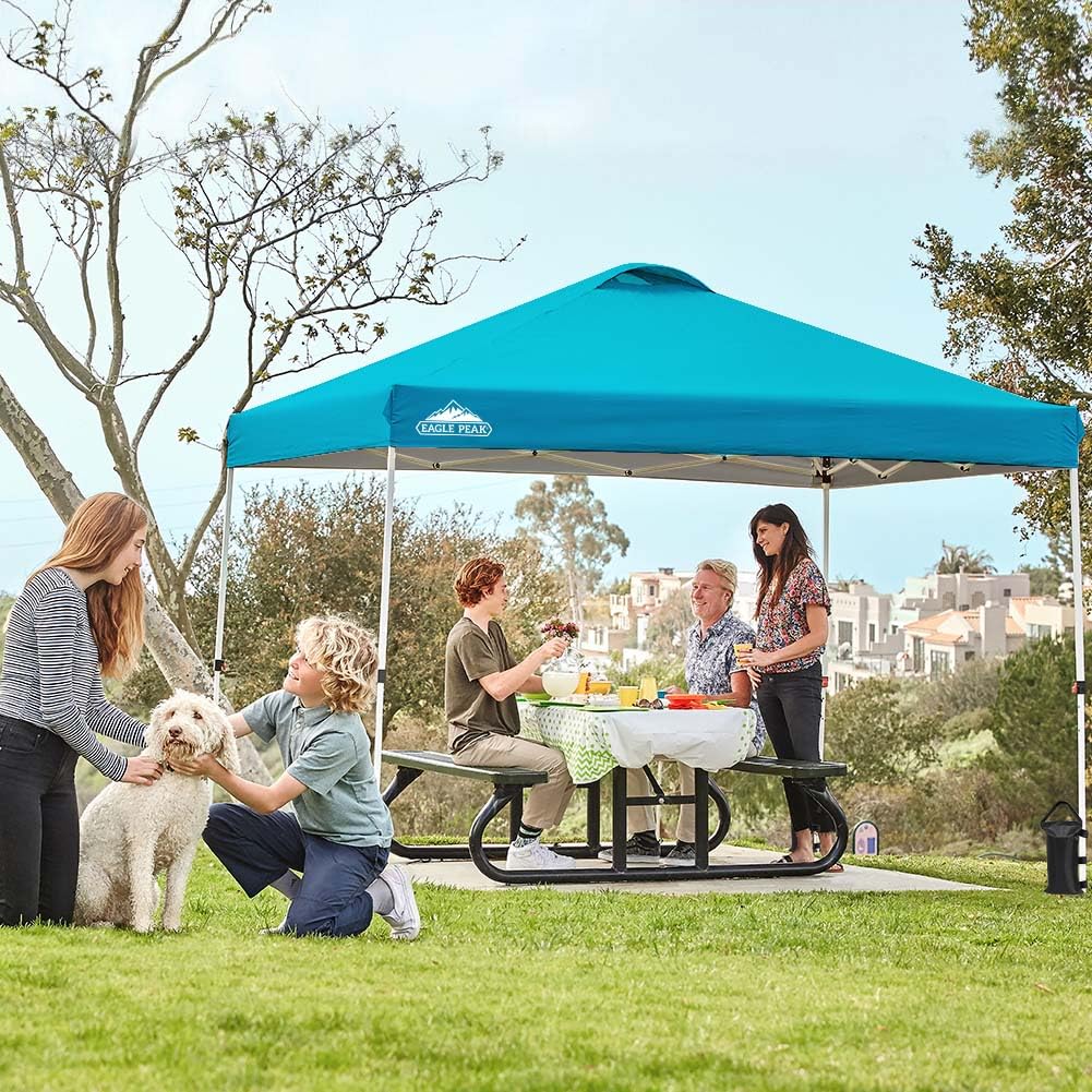 EAGLE PEAK 10x10 ft Pop Up Canopy Tent with Wheeled Carry Bag - Portable Instant Shelter for Outdoor Events, Beach, Camping & Backyard Parties - Includes 8 Stakes, 4 Ropes & 4 Weight Bags - Easy Setup 100sqft Shade in Turquoise
