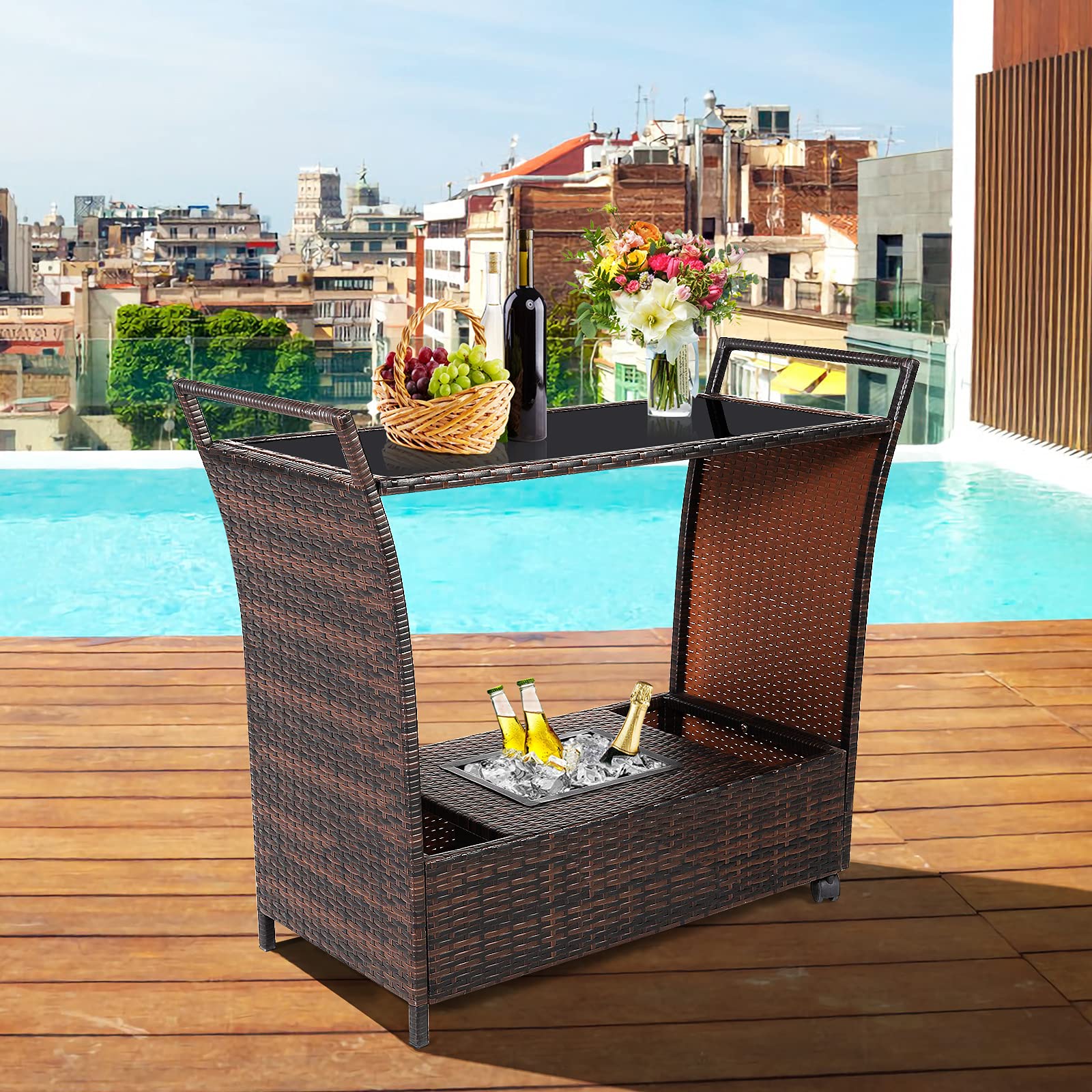 RELAX4LIFE Outdoor Wicker Bar Cart with Removable Ice Bucket & Glass Top - Patio Serving Table with Wheels & Storage Compartments - Rattan Rolling Trolley for Pool, Backyard, Porch, Garden Parties & Outdoor Entertaining - Brown