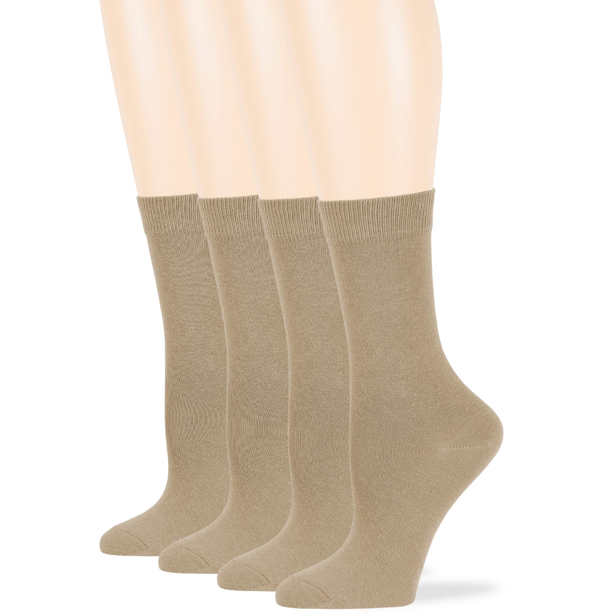 7BigStars Women's Cotton Dress Socks - 4 Pack (Size L/M) - Solid Color Assorted Crew Calf Socks in Black, Brown, Blue, Grey, Beige, Khaki & Olive Green - Perfect for Office, Casual Wear & Everyday Comfort