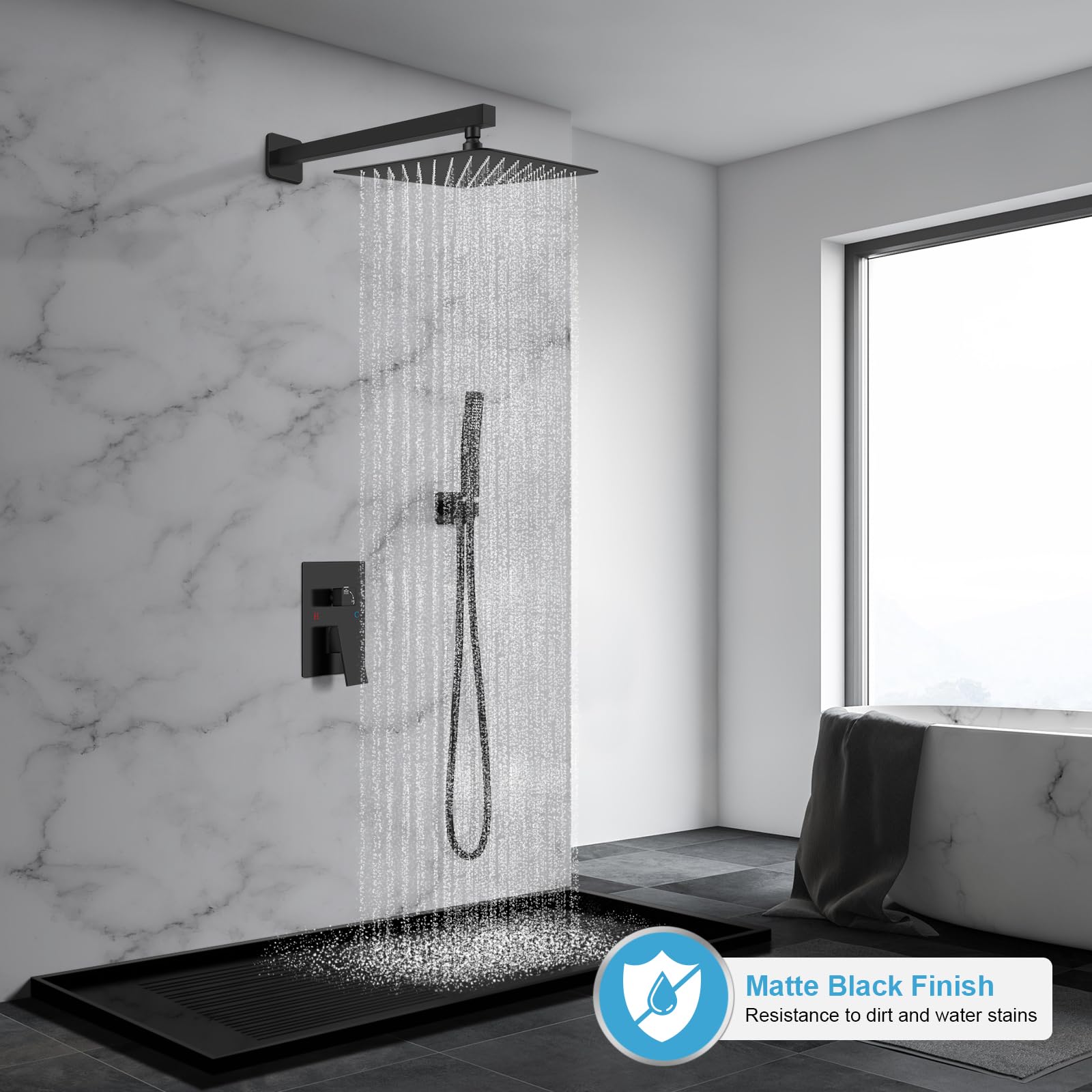 Premium Matte Black Shower Faucet Set - 12 Inch Rainfall Shower System with Adjustable Shower Head, Wall Mounted Handle & Valve Trim Kit - Perfect for Modern Bathroom Renovation & Spa-Like Shower Experience